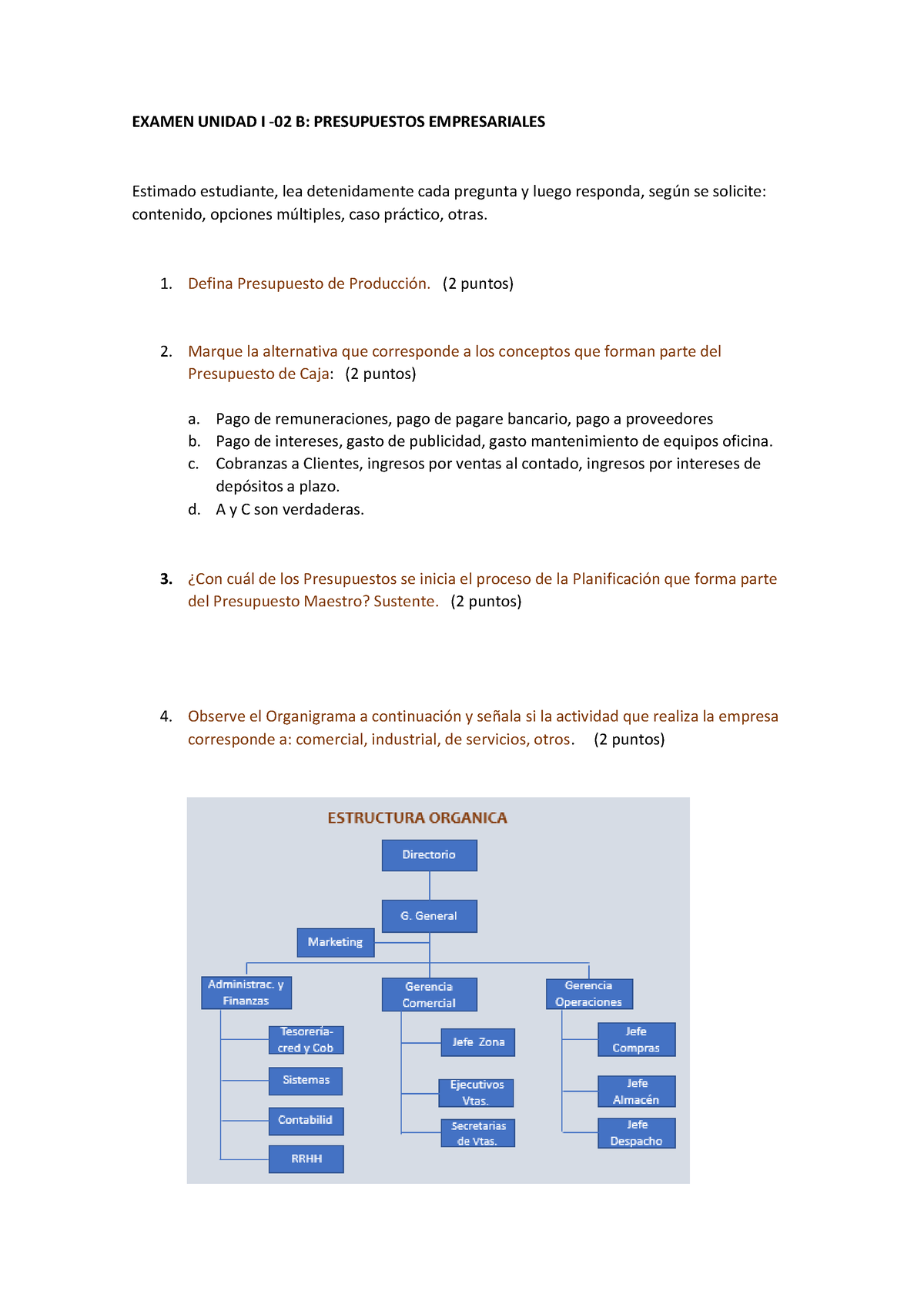 Examen Unidad I - 02 B Presupuestos Empresariales - EXAMEN UNIDAD I -02 ...