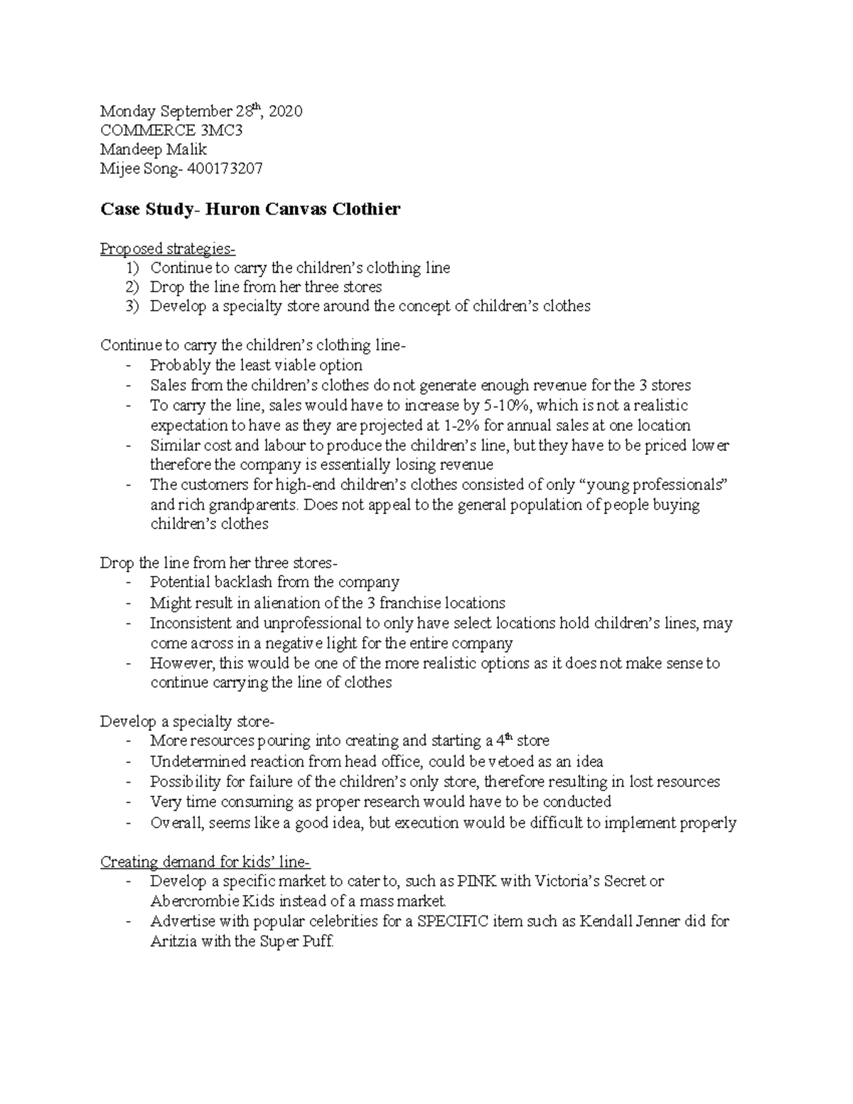 Case Study 2- 3MC3 - fall - Monday September 28th, 2020 COMMERCE 3MC ...