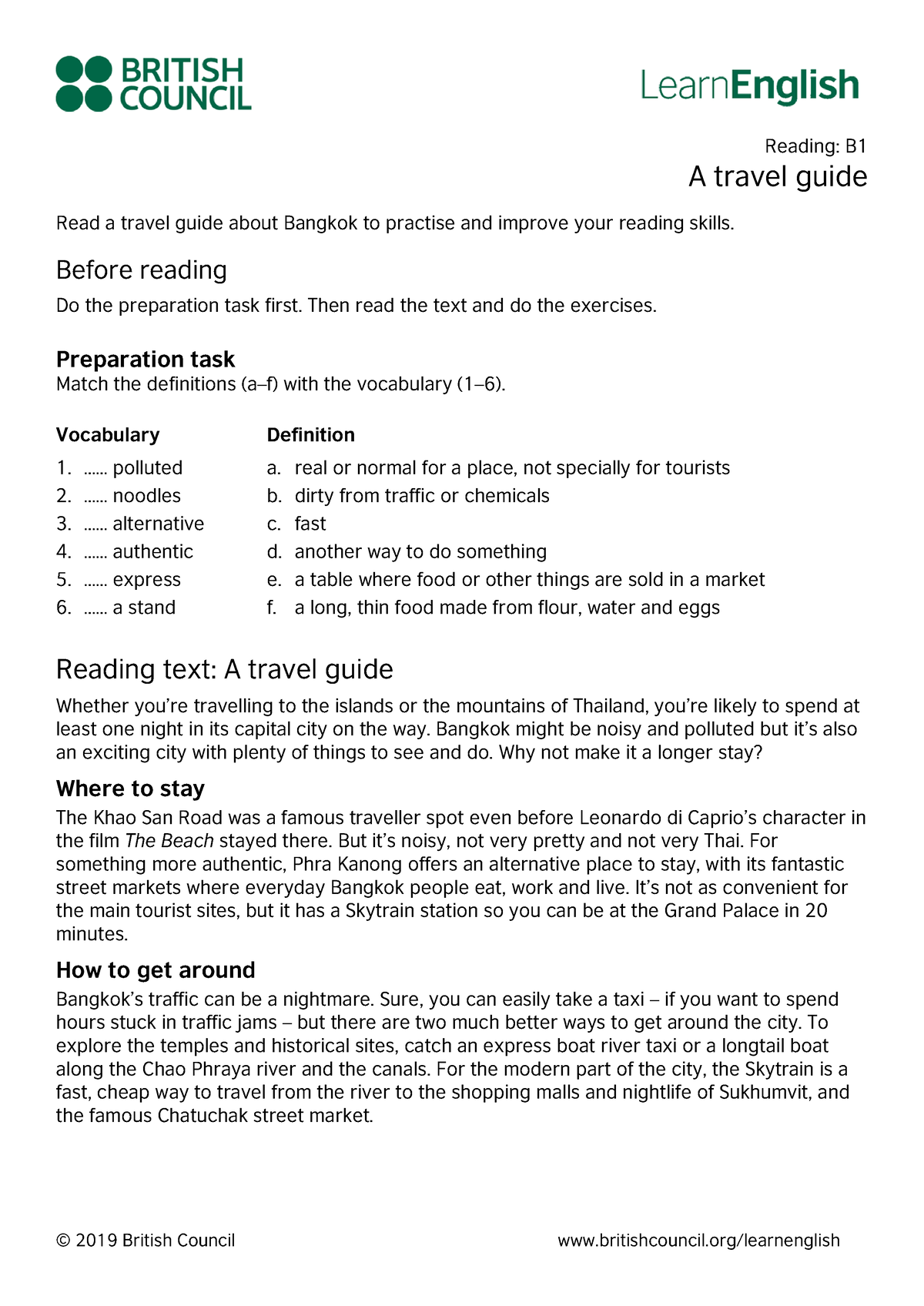 Learn English Reading B1 A Travel Guide - Reading: B A Travel Guide ...