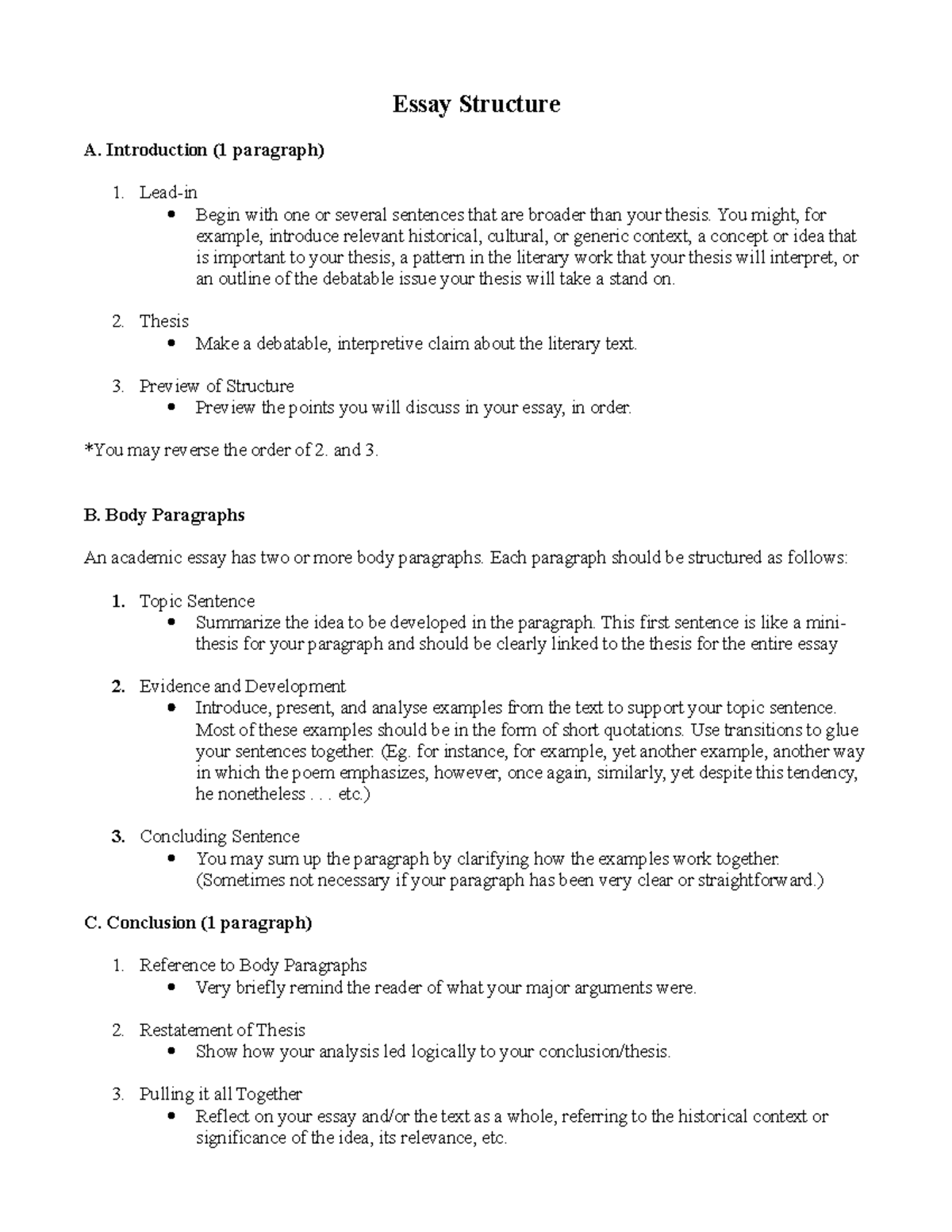Essay guide 4 - Essay Structure A. Introduction (1 paragraph) Lead-in ...