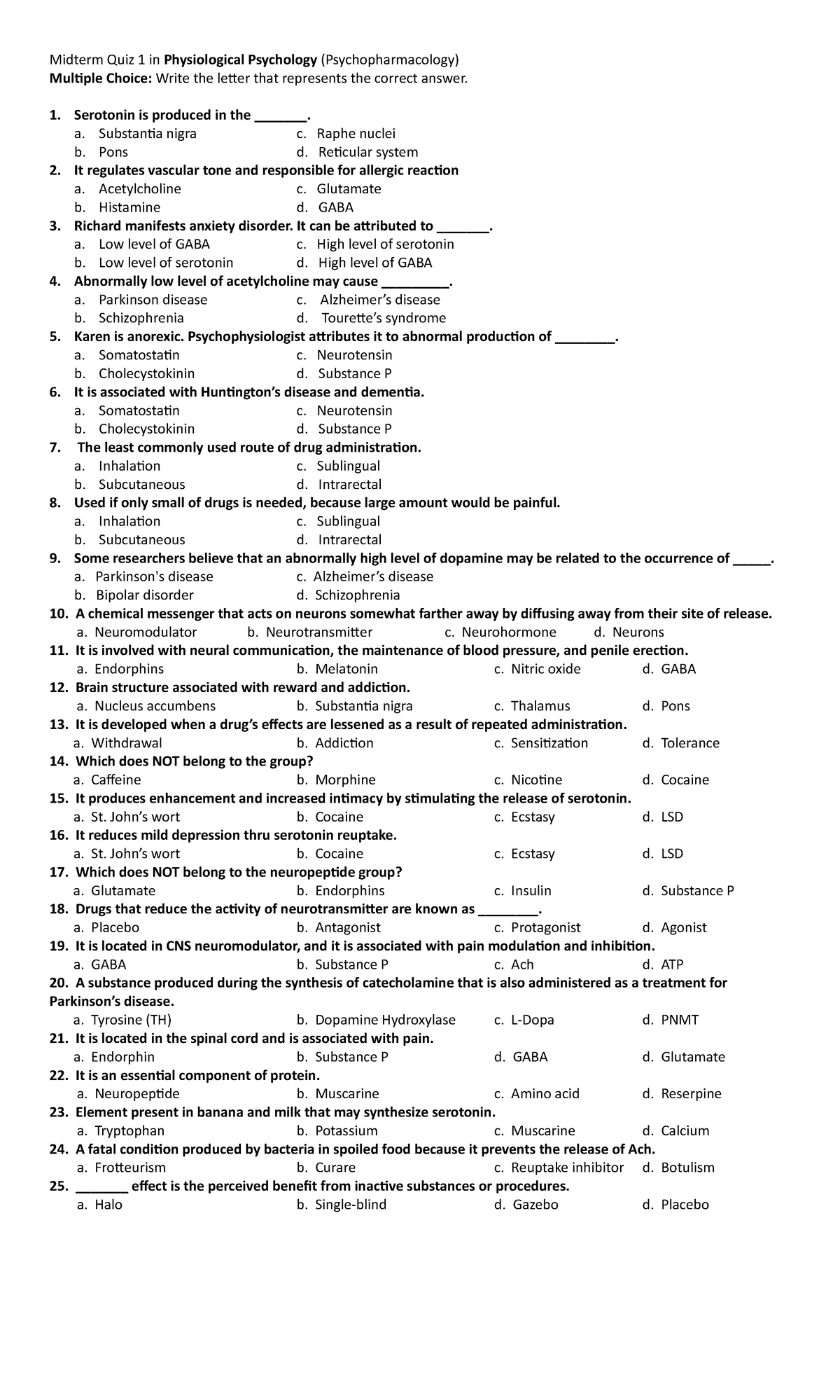 Review Material in Biological Psychology - Psychopharmacology ...