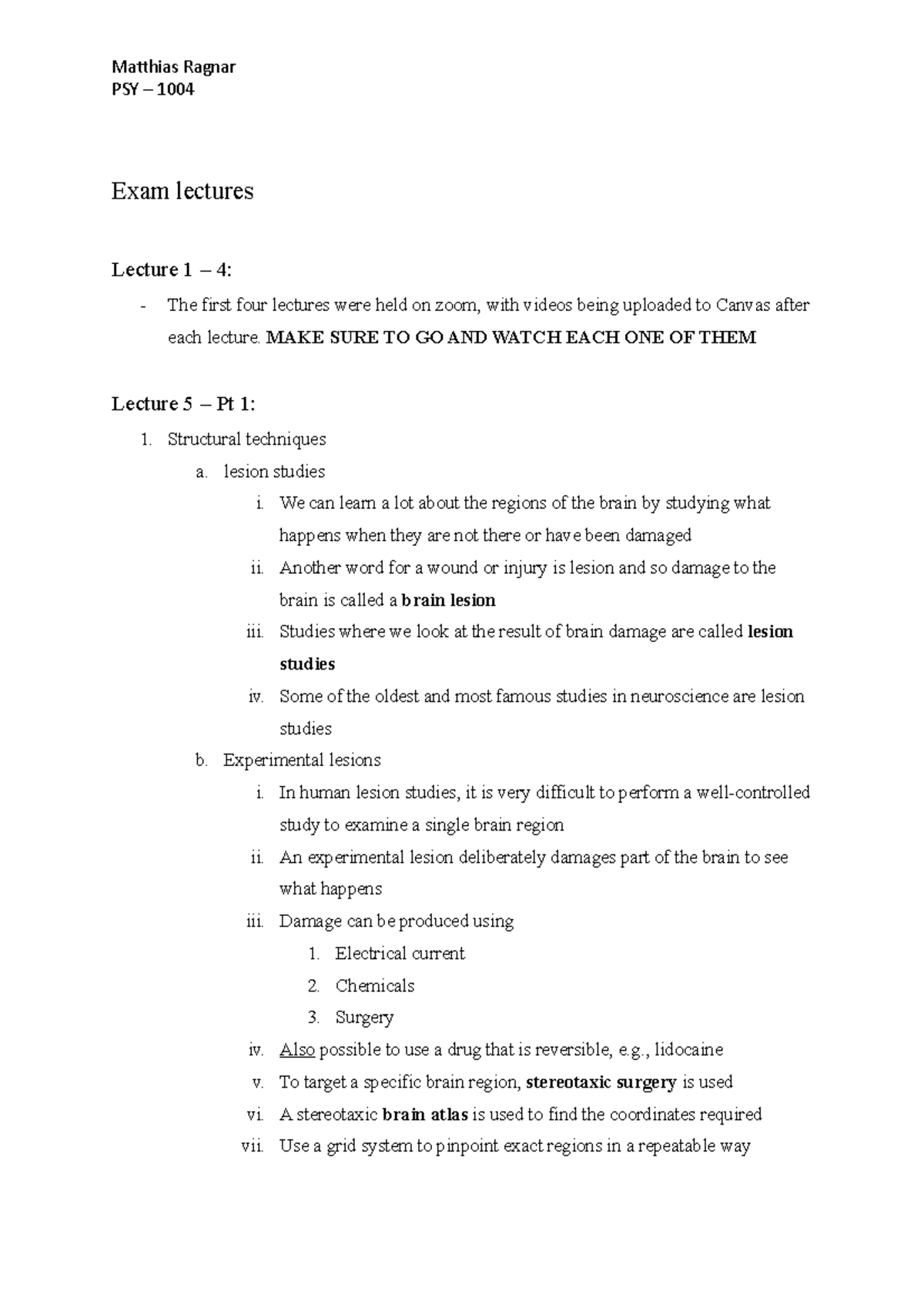 Notes from lectures - Exam prep - PSY – 1004 Exam lectures Lecture 1 ...