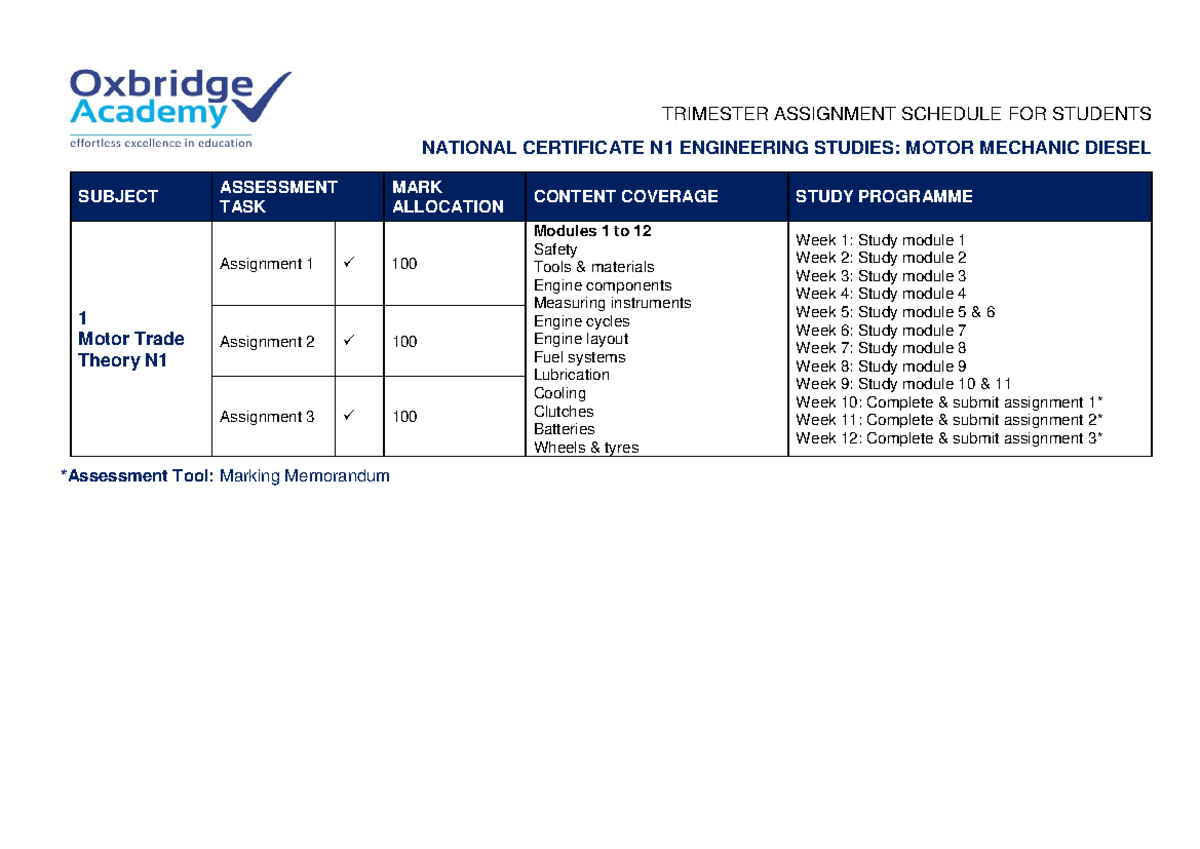 138099419 N1-Motor-Mechanic-Diesel-assignment-schedule - NATIONAL ...