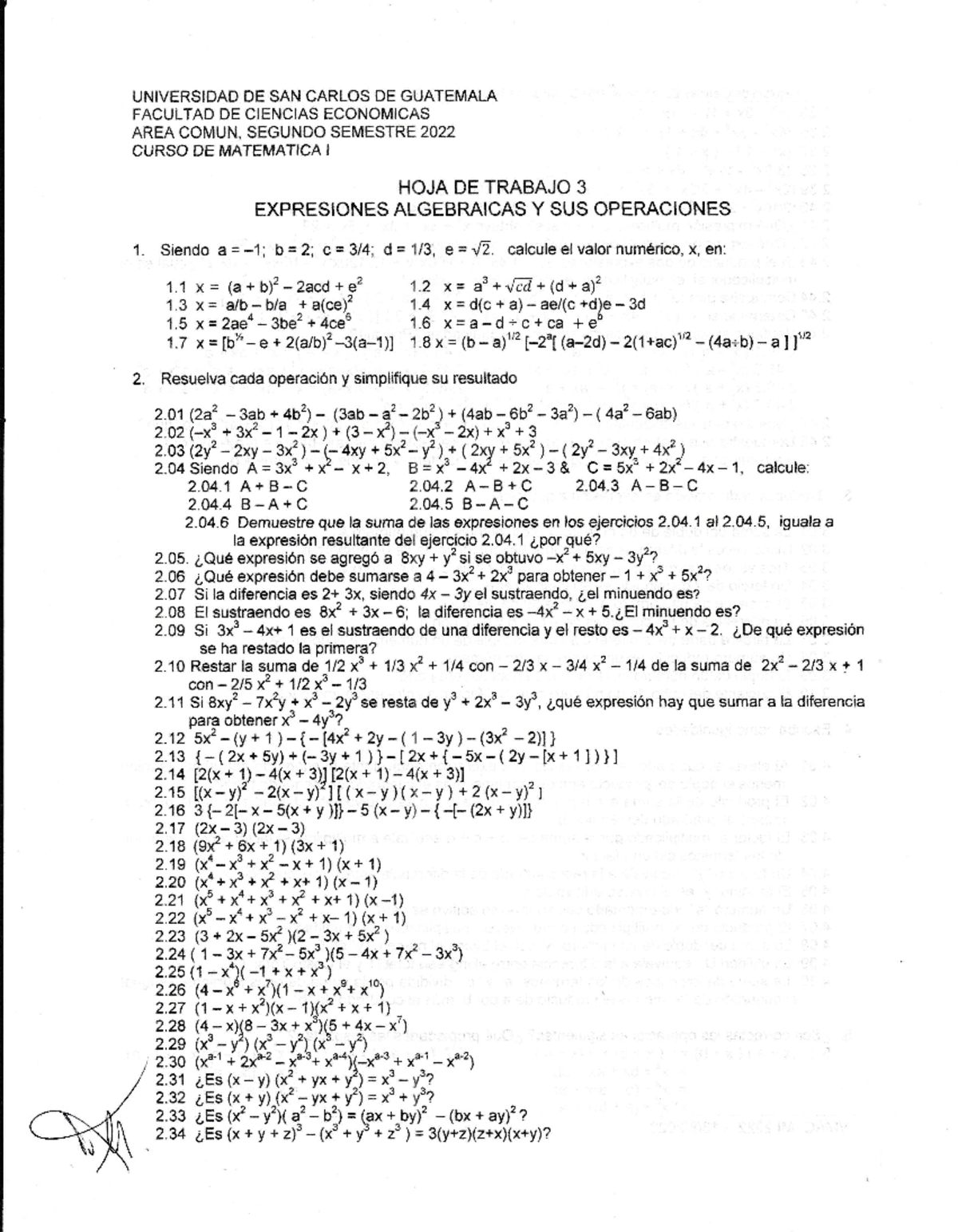 HOJA DE Trabajo 3, Expresiones Algebraicas Y SUS Operaciones ...