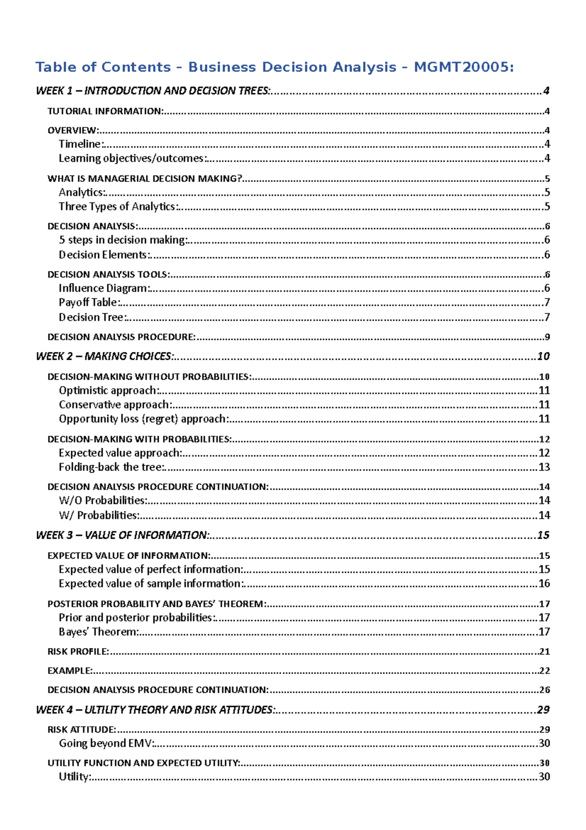 Business Decision Analysis Notes Table of Contents Business Decision Analysis MGMT20005