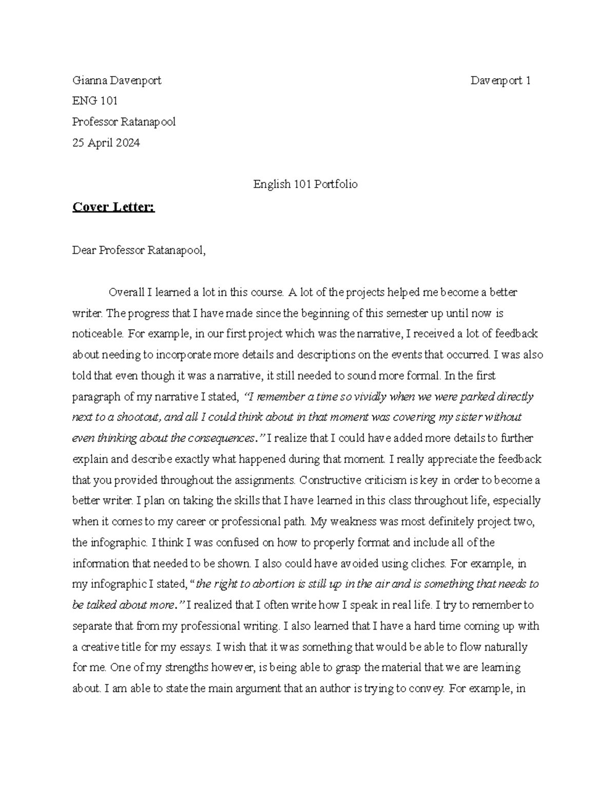 Eng 101 Portfolio1 n/a Gianna Davenport Davenport 1 ENG 101 Professor Ratanapool 25 April