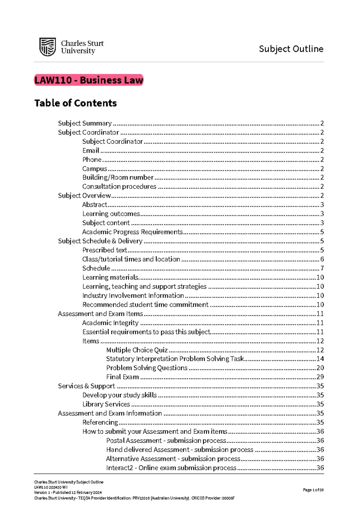 LAW110 Subject Outline - Subject Outline LAW110 - Business Law Charles ...