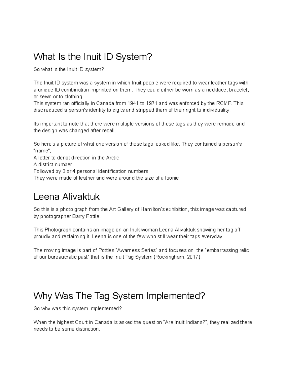 EDU 211 Presentation Script - What Is the Inuit ID System? So what is ...