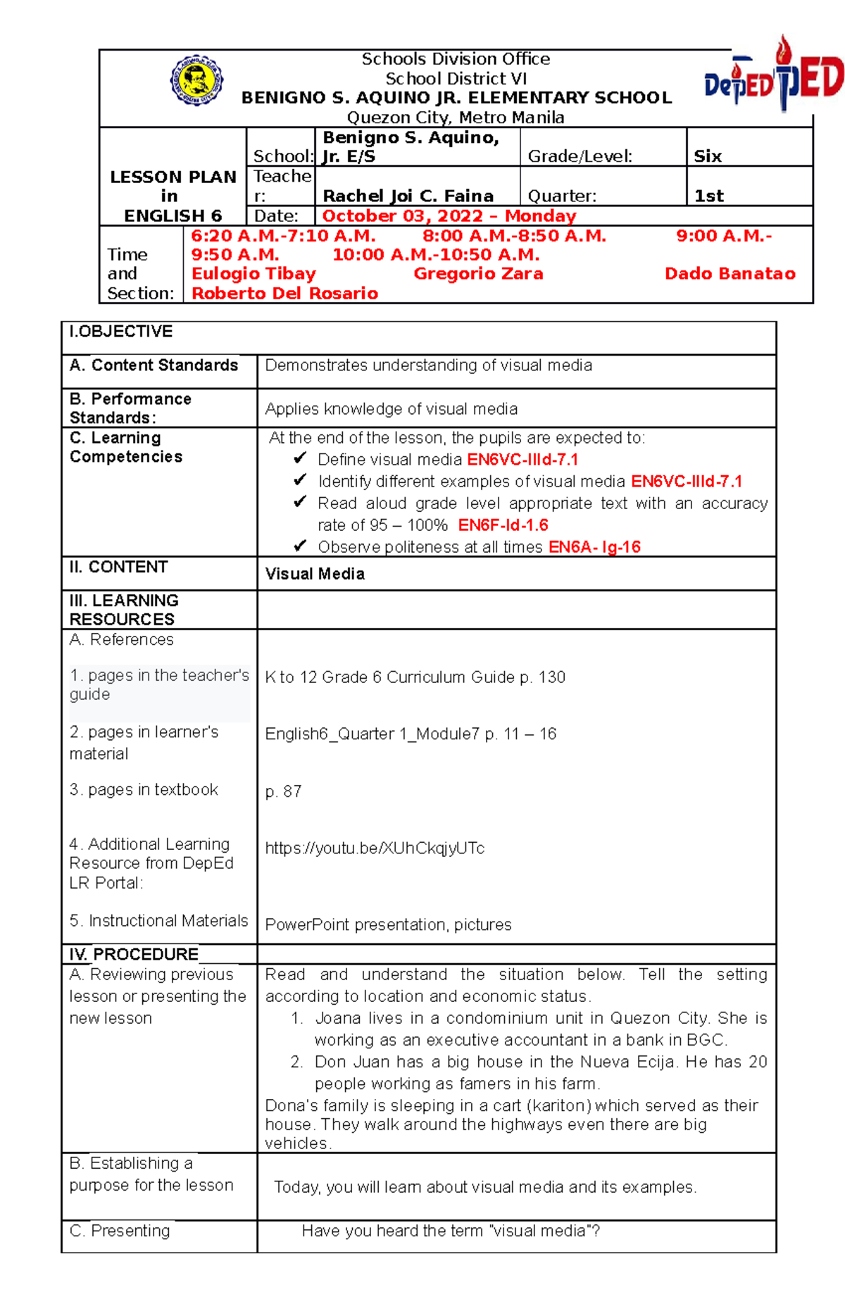 DLP Oct 03 ENG - example lesson plan - Schools Division Office School ...