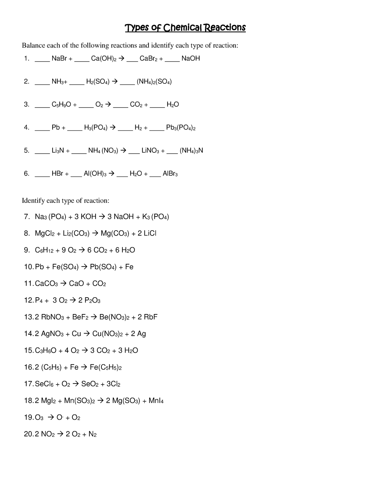 Types of Reactions Worksheet - Types of Chemical Reactions Balance each ...