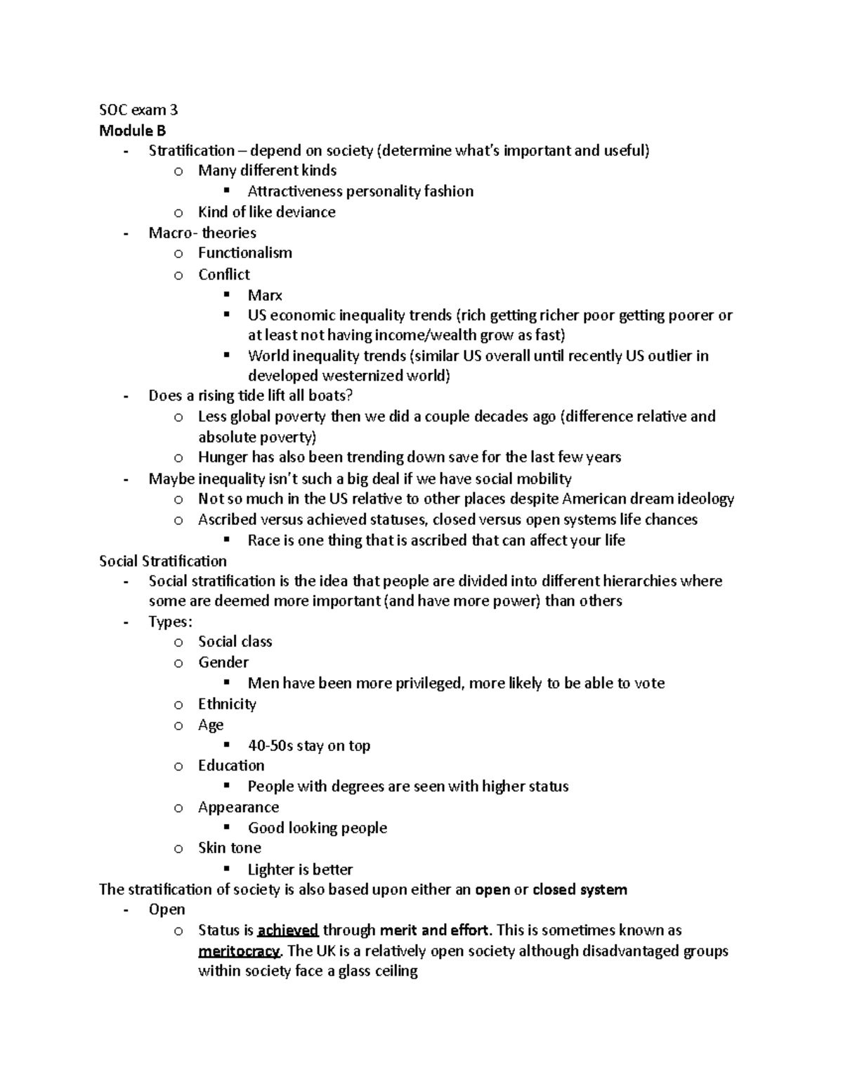 SOC exam 3 - soc3 - SOC exam 3 Module B - Stratification – depend on ...