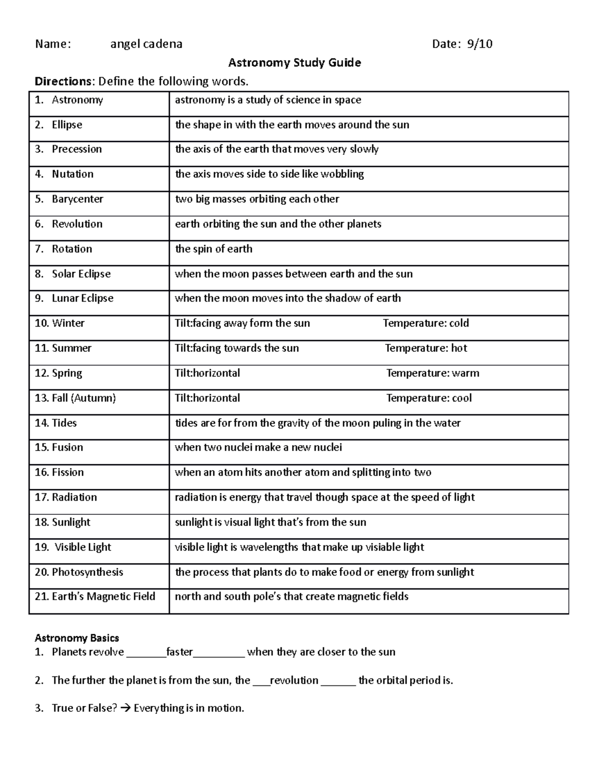 Astronomy Study Guide - Name: angel cadena Date: 9/ Astronomy Study ...