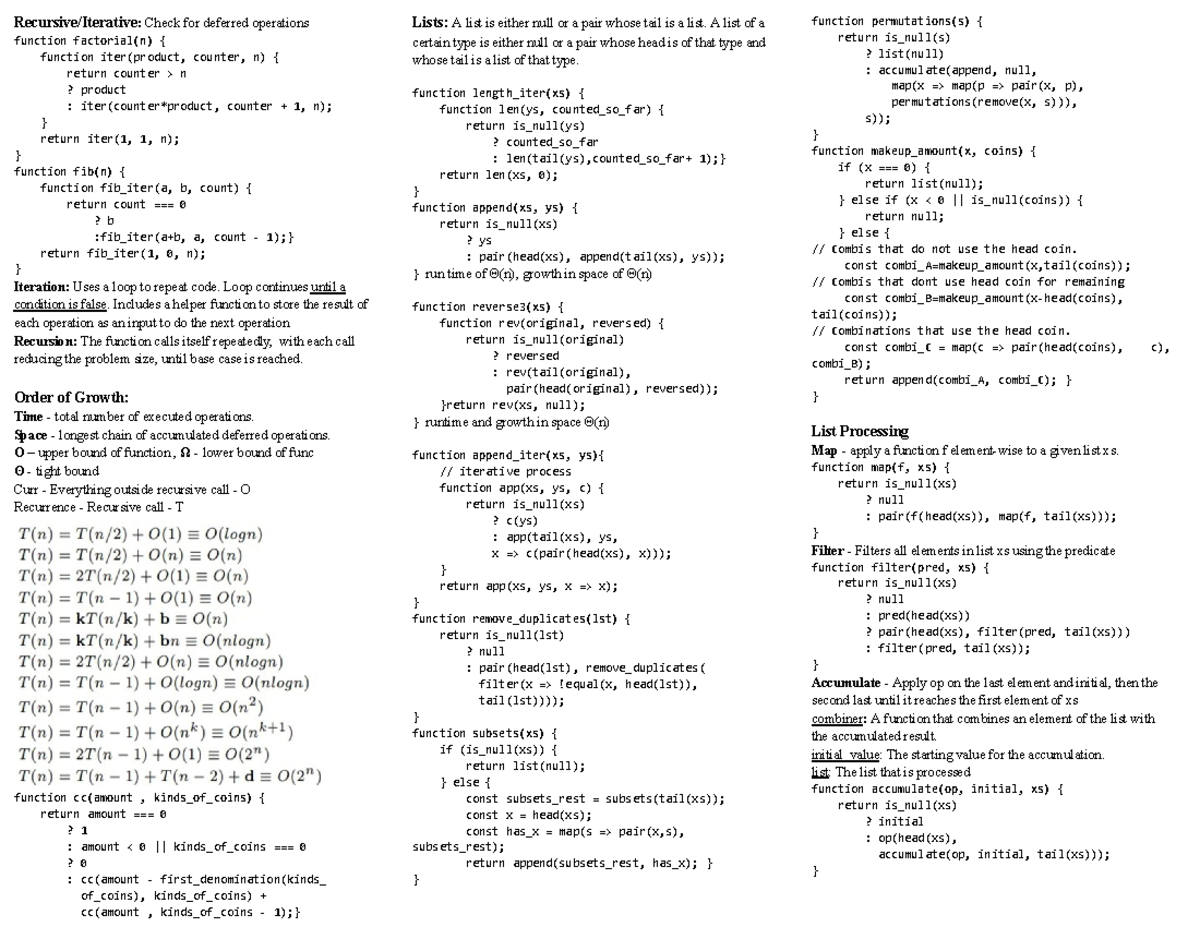 1101S midterm cheatsheet - Recursive/Iterative: Check for deferred ...
