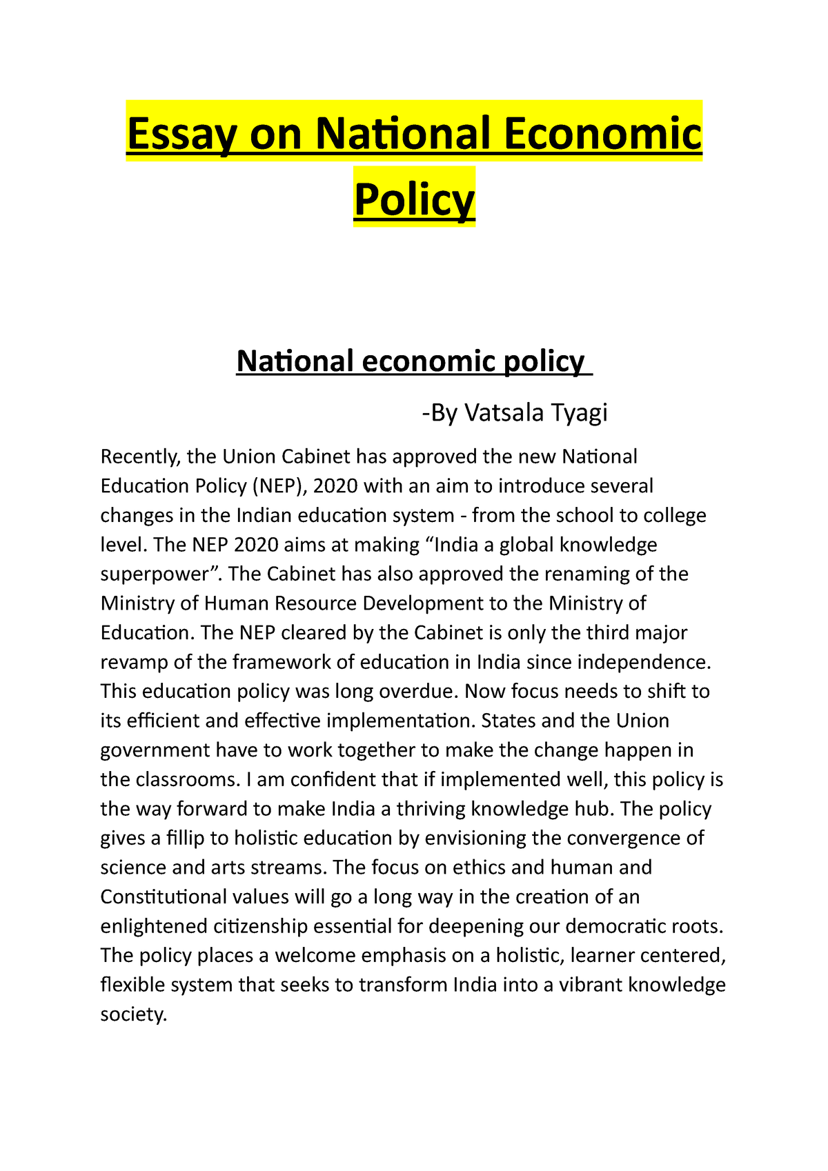 new national education policy essay