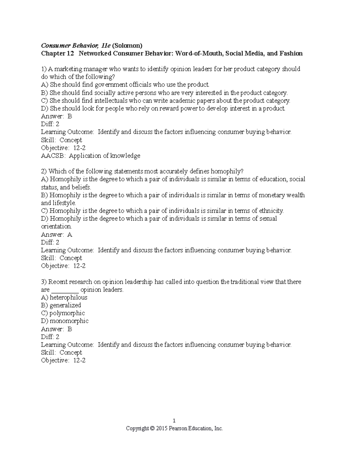 Chapter 12 test bank Consumer Behavior, 11e (Solomon) Chapter 12