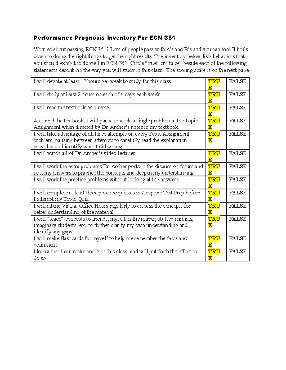 Performance Prognosis Inventory For ECN 351 - The inventory below lists ...