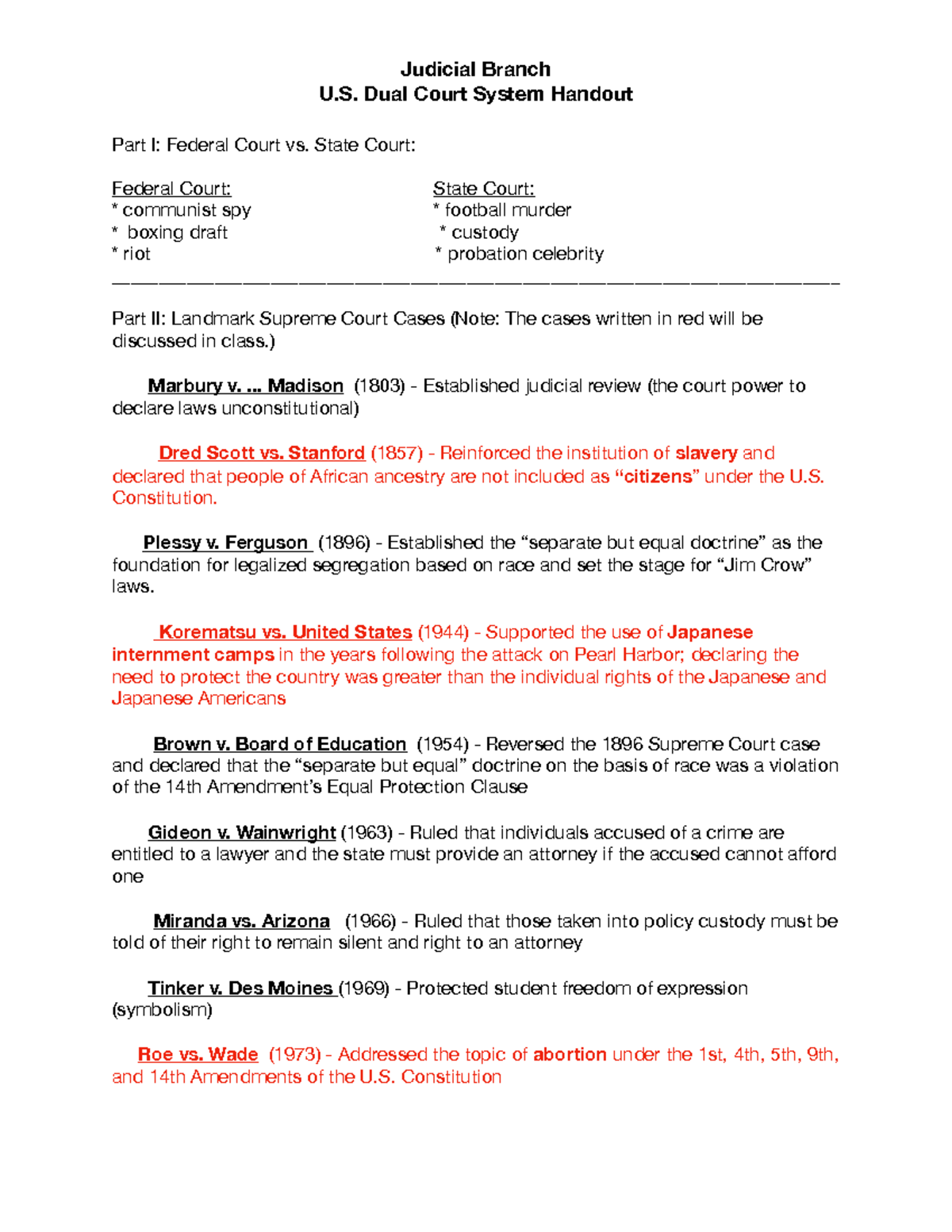 Dual Court System Handout copy Judicial Branch U Dual Court System