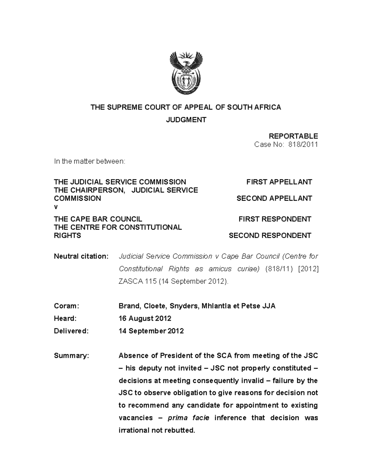 JSC V Cape Bar D - JSC case summary - THE SUPREME COURT OF APPEAL OF ...