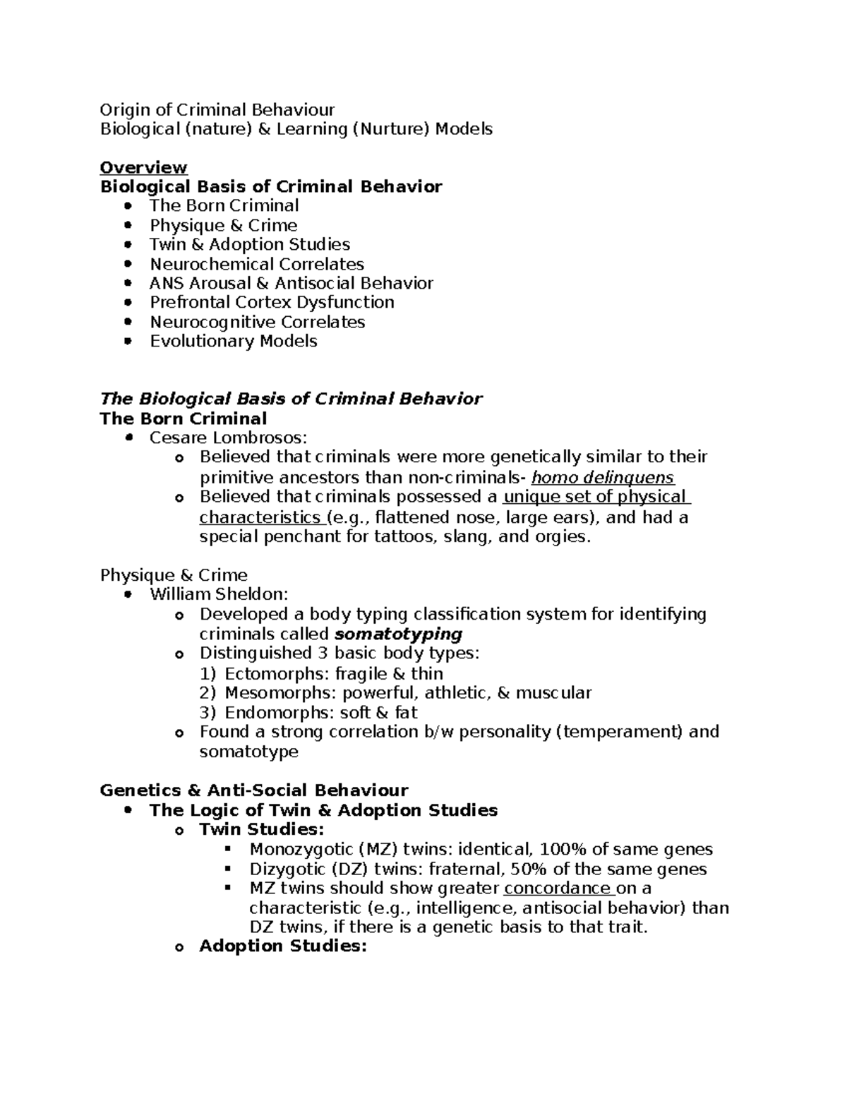 Chapter 2/3 And Lecture Notes - Origin Of Criminal Behaviour Biological ...