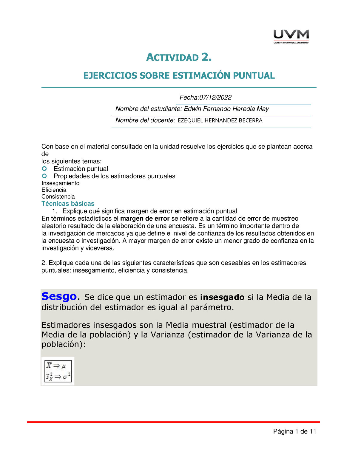 A2 Estadística Inferencial - ACTIVIDAD 2. EJERCICIOS SOBRE ESTIMACI”N ...