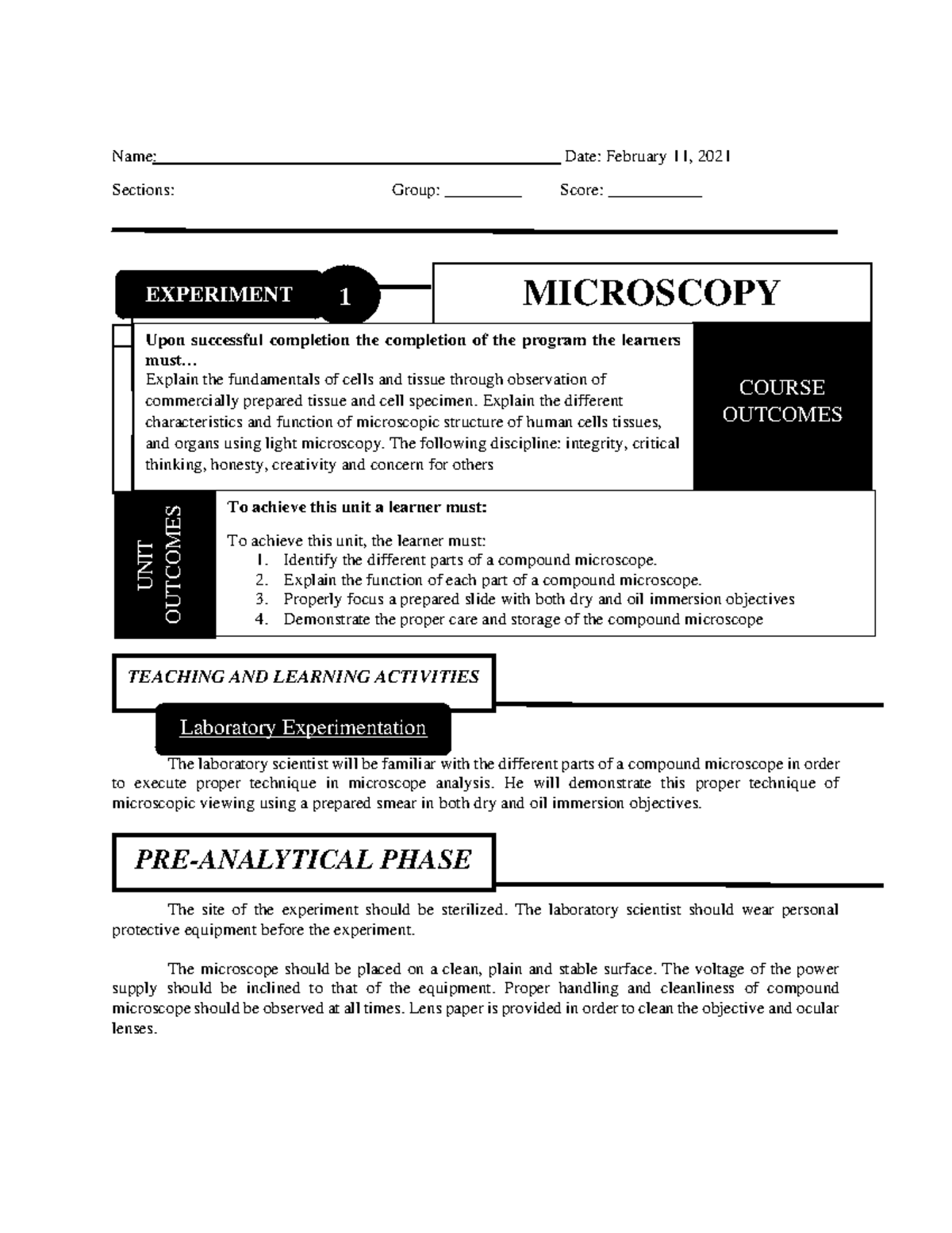 HHIS221- Microscopy Worksheet - Name: Date: February 11, 2021 Sections ...