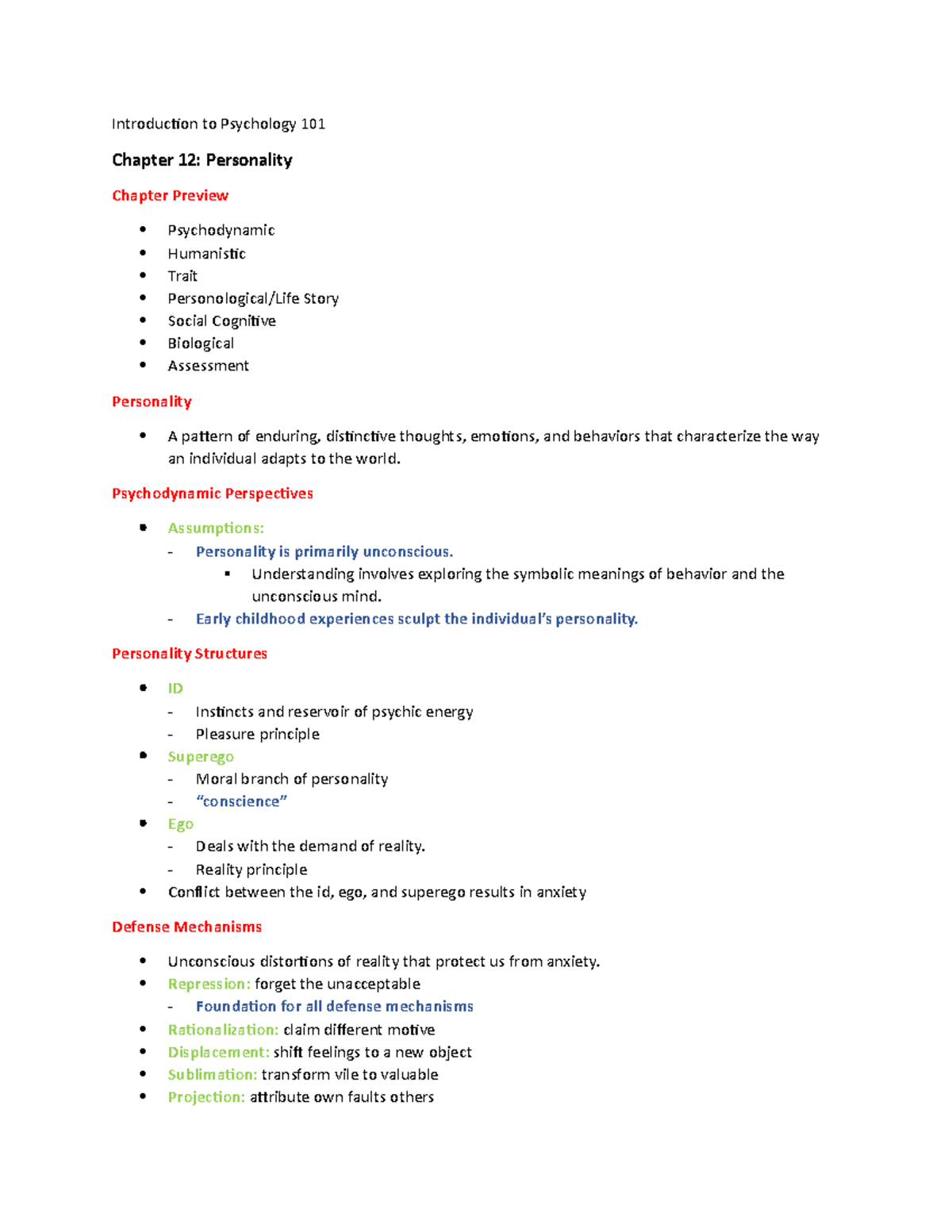 Psych Notes Ch. 12 - Hansen, Spring 23 - Introduction To Psychology 101 ...