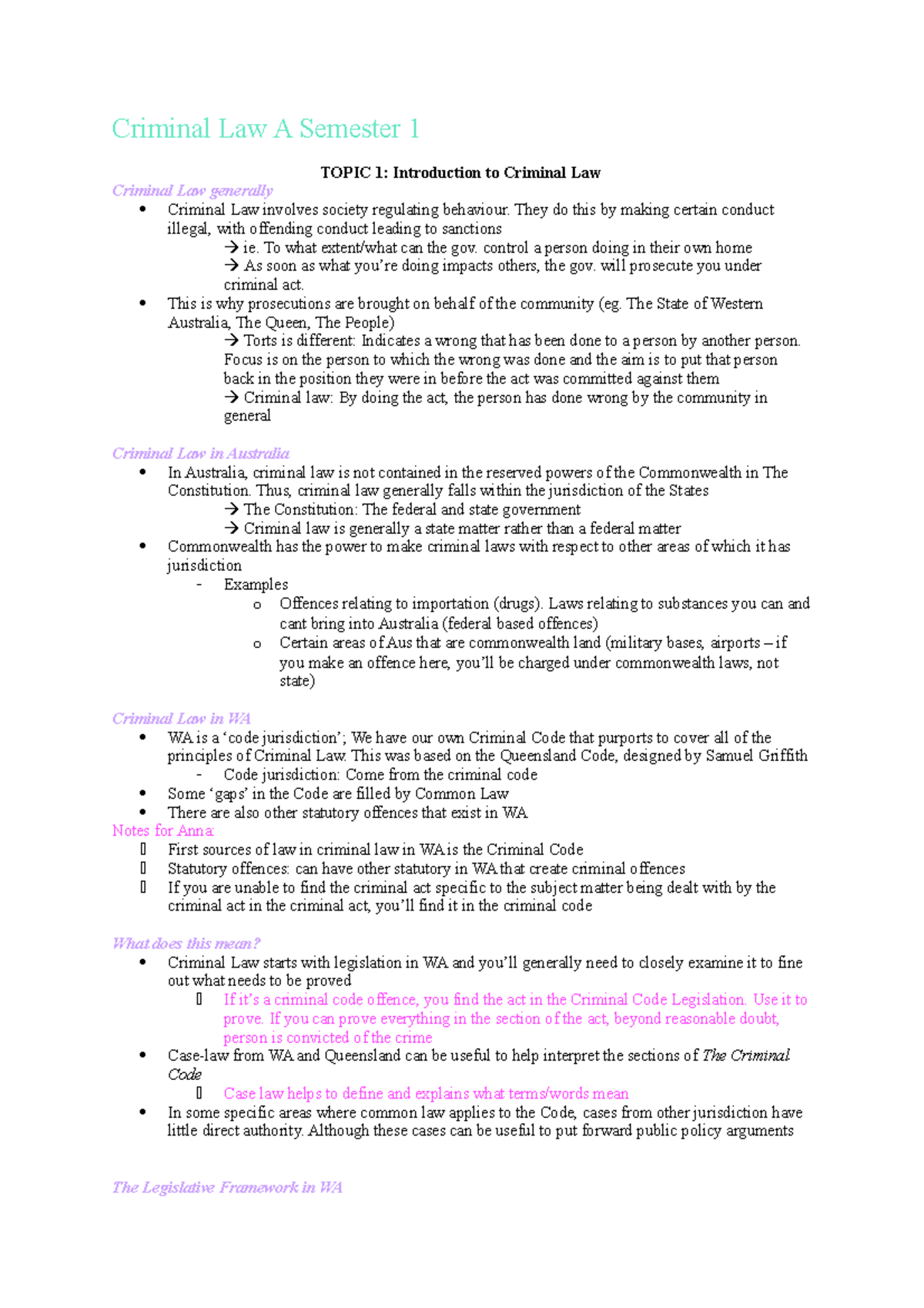 Crim notes - Criminal Law A Semester 1 TOPIC 1: Introduction to ...