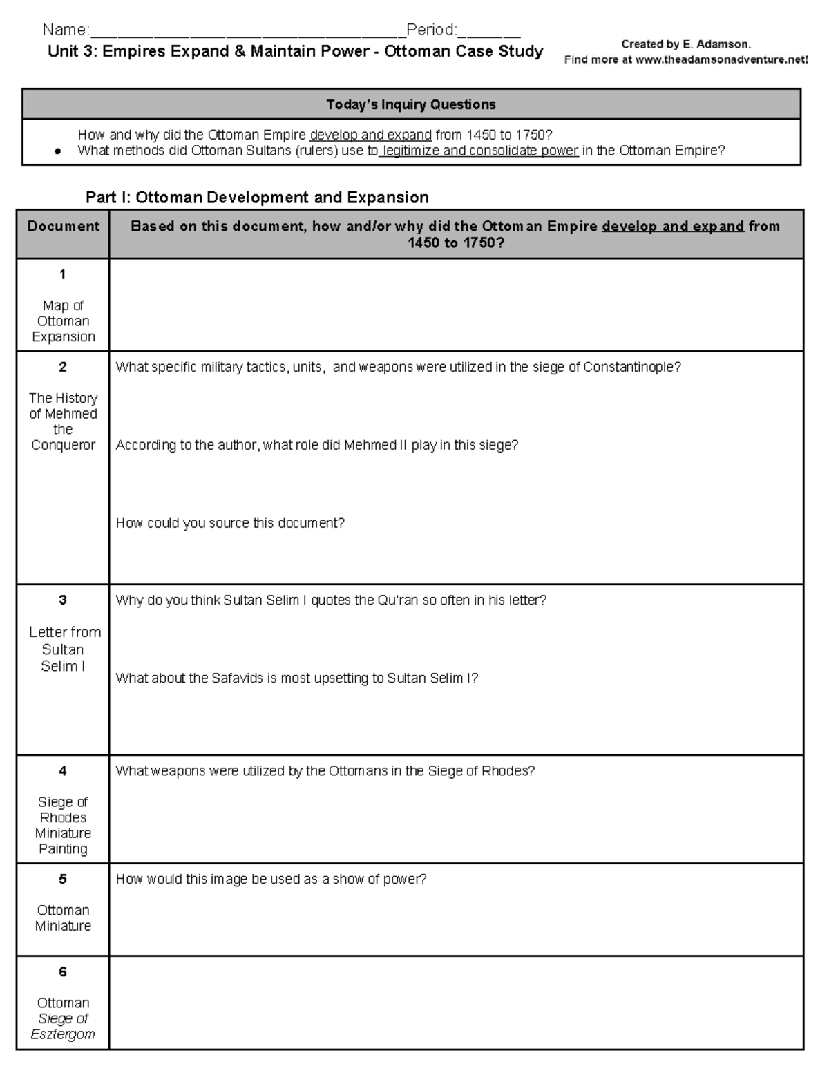 Unit 3 Ottoman Empire Case Study (Student Handout)1 Name____________________________Period