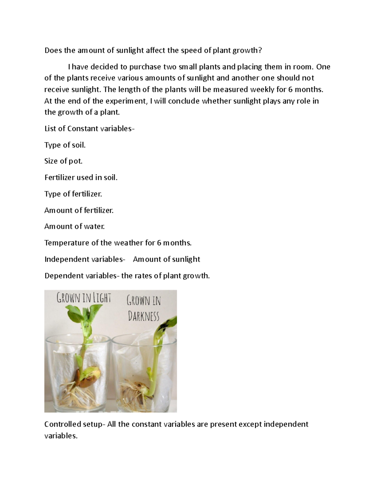 hypothesis plant growth sunlight