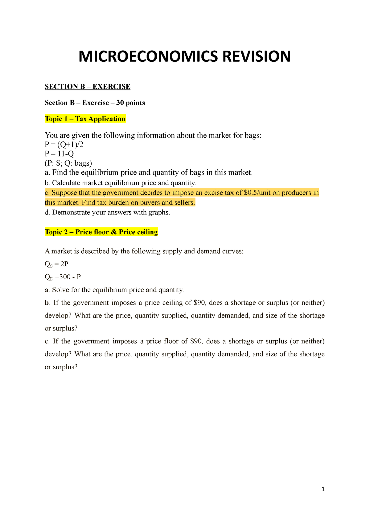 Microeconomics Revision - MICROECONOMICS REVISION SECTION B – EXERCISE ...