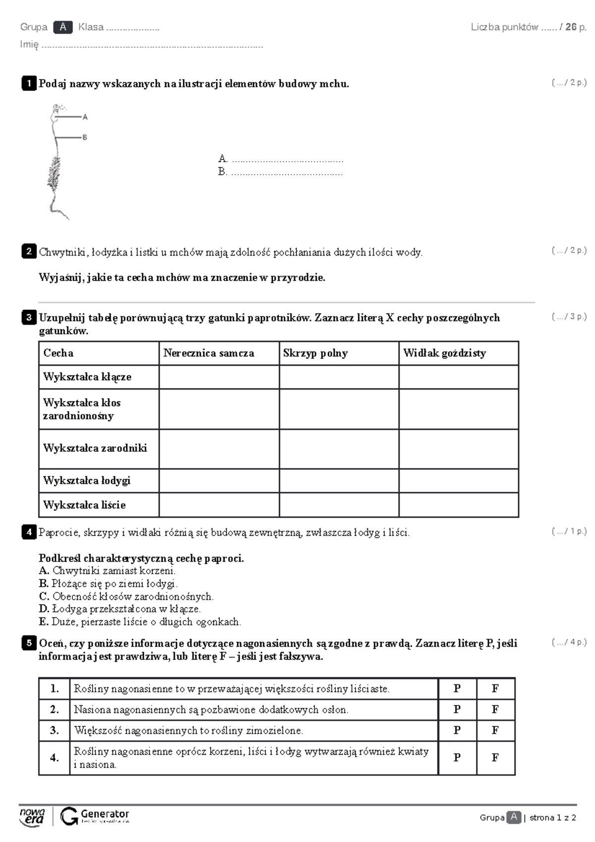 Test V. Różnorodność roślin Test (z widoczną punktacją) - Grupa A