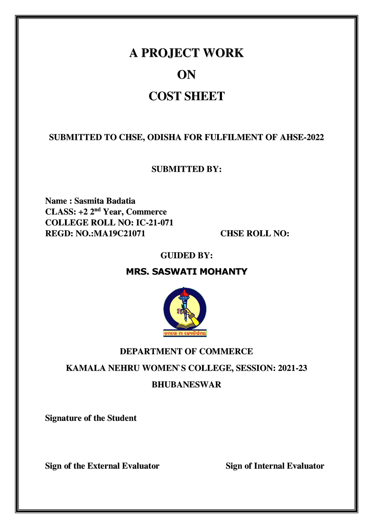 Sasmita Badatia Project ON COST Sheet - A A P P R R O O J J E E C C T T ...