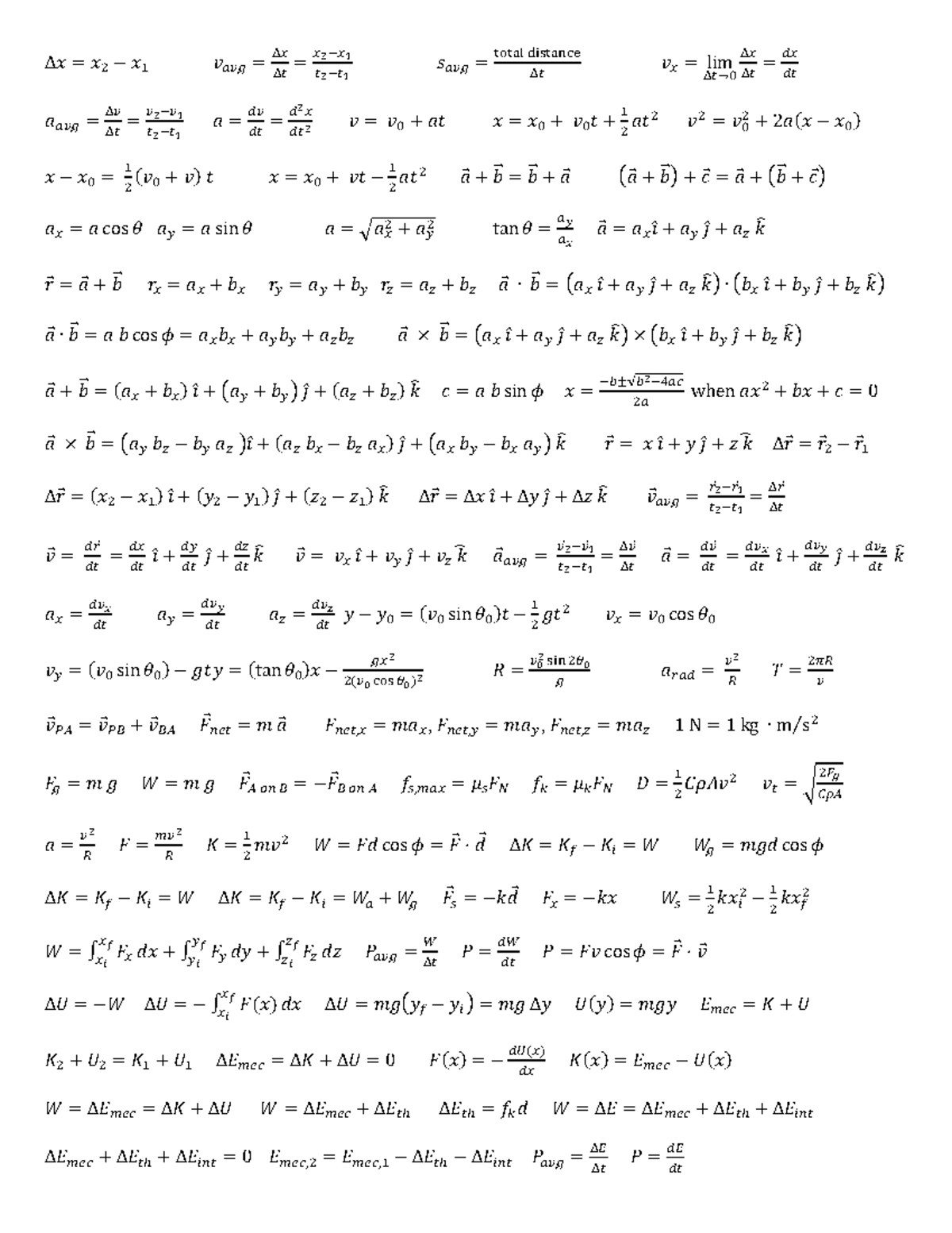 Final Exam Formula Sheet Studocu
