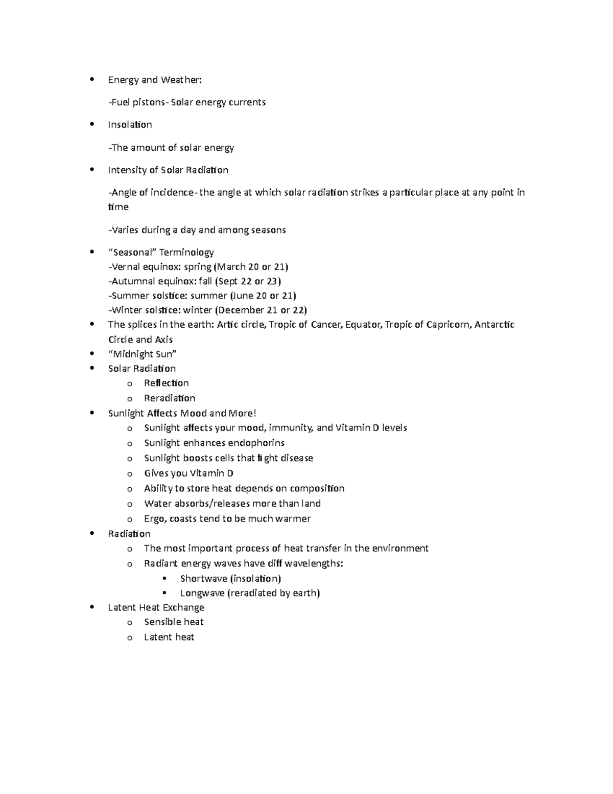 Notes 9-9-15 - Energy and Weather: Solar energy currents Insolation ...