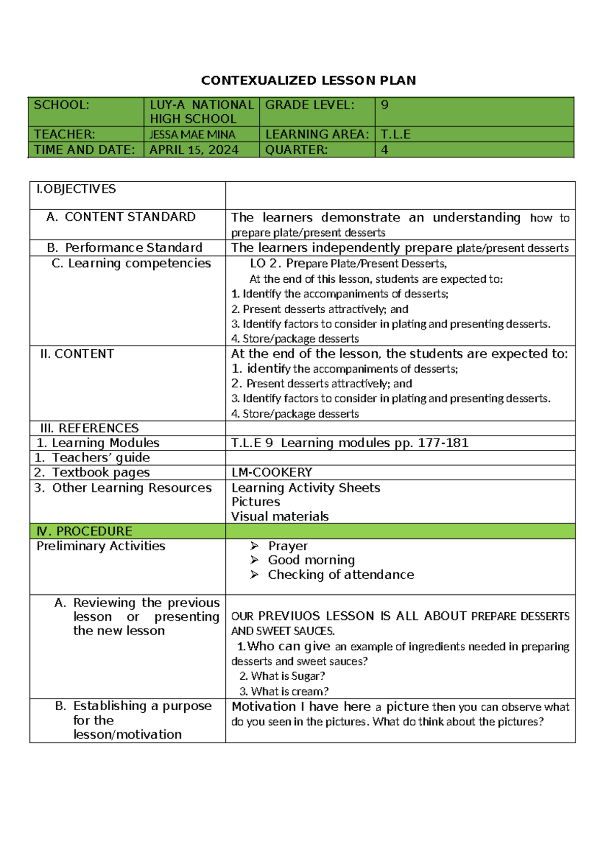 TLE 2 - CONTEXUALIZED LESSON PLAN SCHOOL: LUY-A NATIONAL HIGH SCHOOL ...