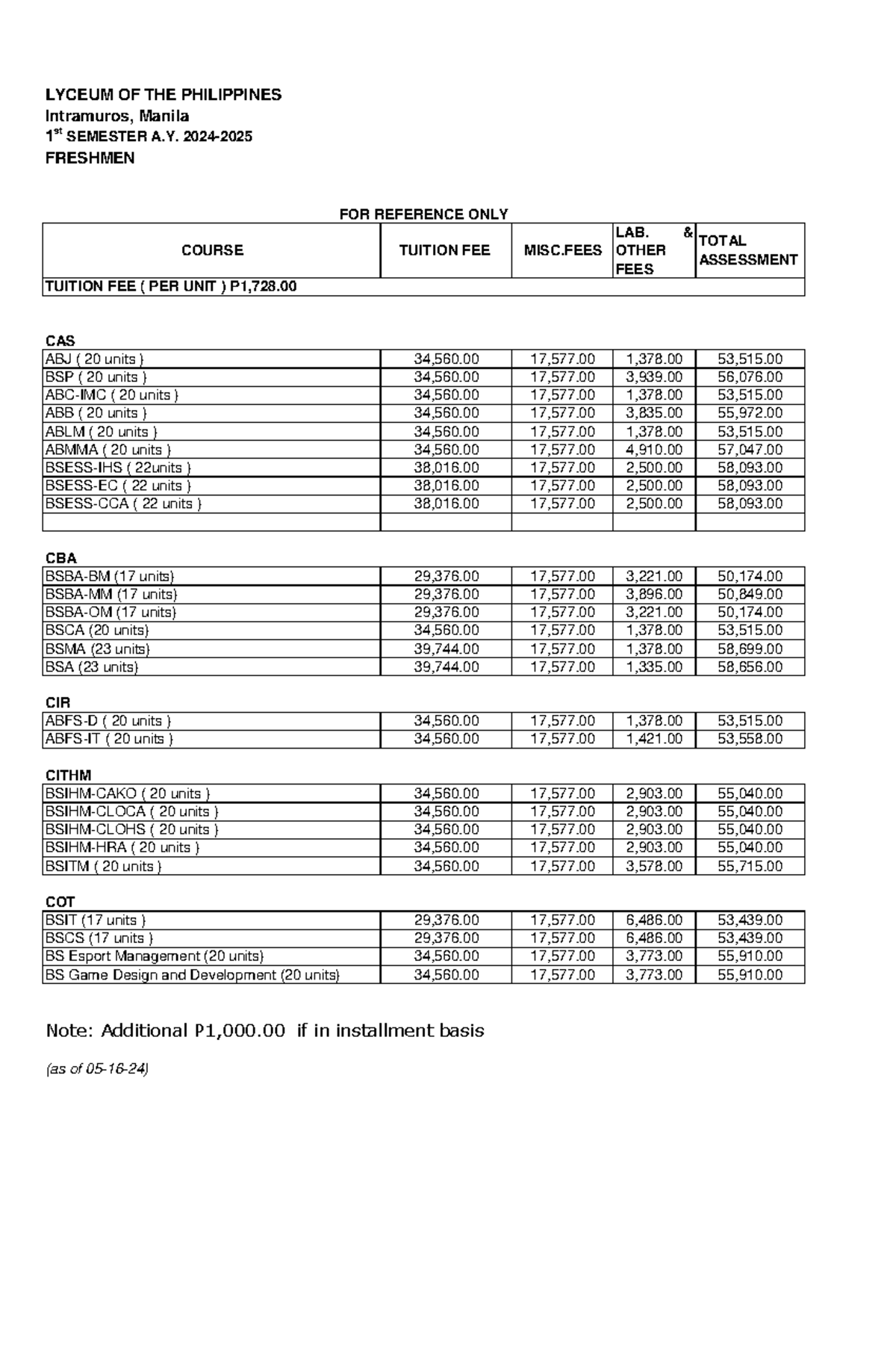 Freshmen Tuition FEE 2425 05 16 24 - LYCEUM OF THE PHILIPPINES ...