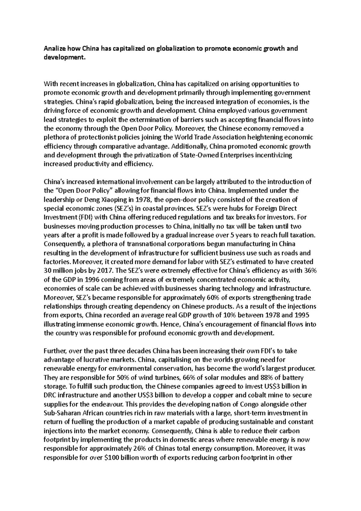 Analyse how China has capitalised on globalisation to promote economic ...