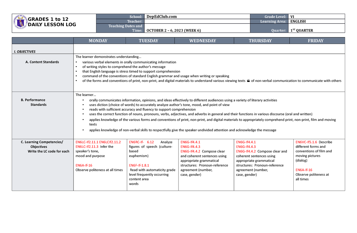 DLL English 6 Q1 W6 - Lesson Plan - GRADES 1 To 12 DAILY LESSON LOG ...