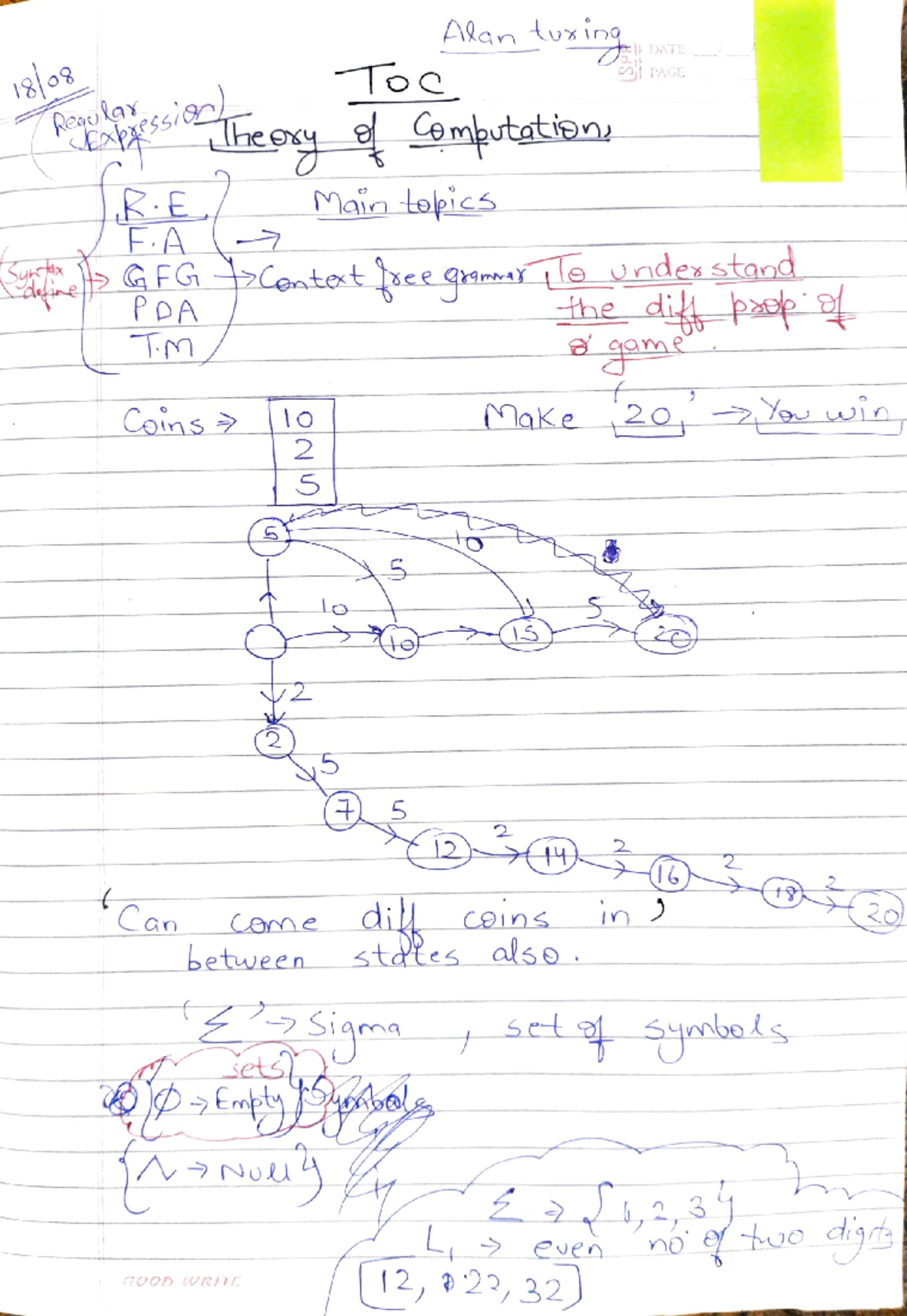 Toc1 - theroy of computation notes - FA Coins>lo Can Came between FG ...