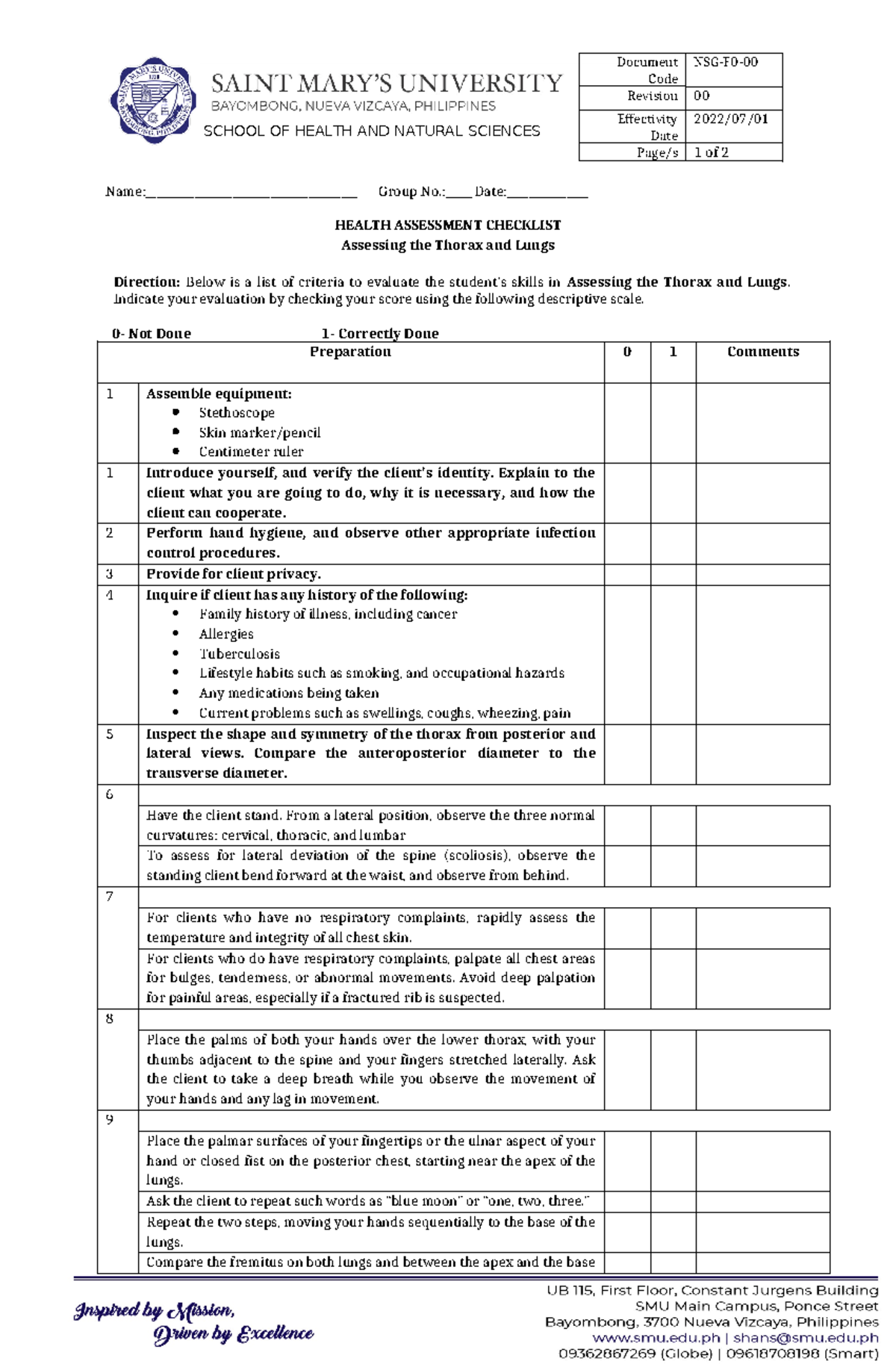 HA Assessing Thorax Lungs Checklist - SCHOOL OF HEALTH AND NATURAL ...