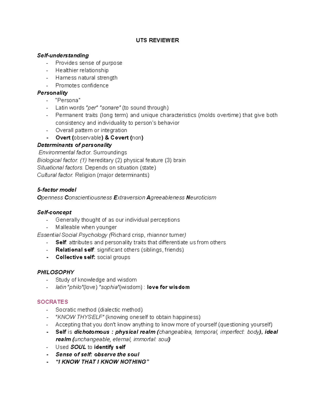 UTS Reviewer - UTS REVIEWER Self-understanding - Provides sense of ...