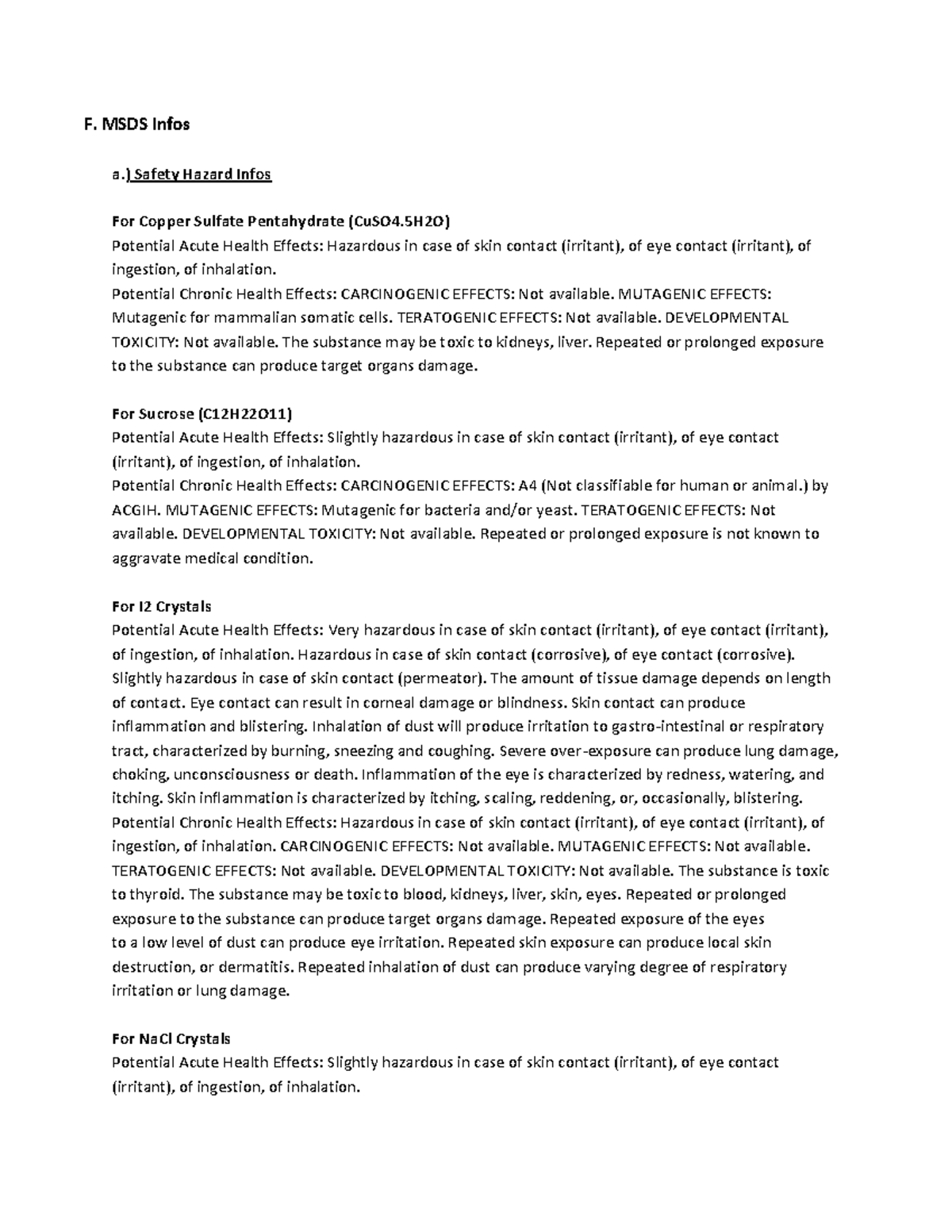 MSDS - MSDS Info for different chemicals - F. MSDS Infos a.) Safety ...