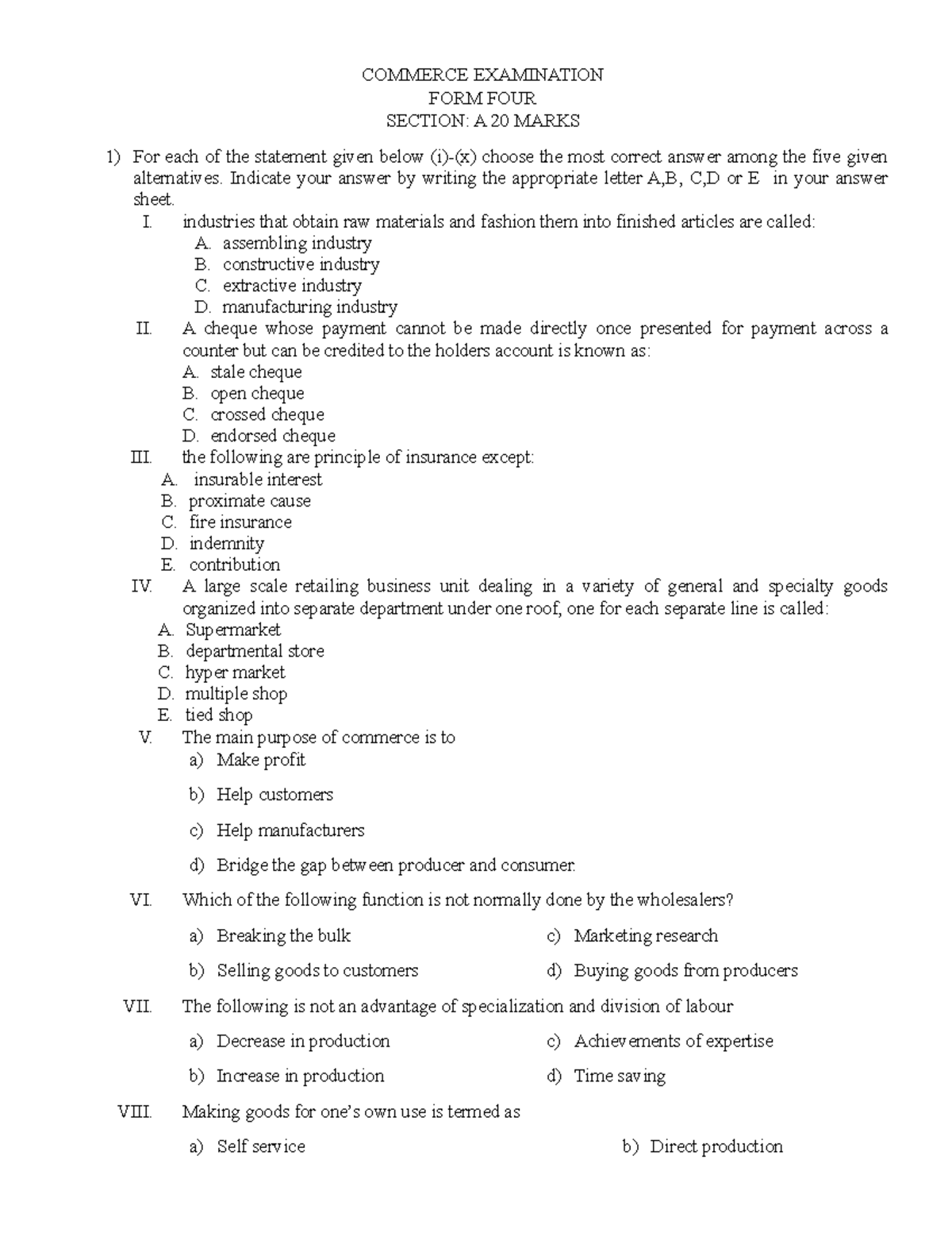 Commerce Series 13 - Do it - COMMERCE EXAMINATION FORM FOUR SECTION: A ...