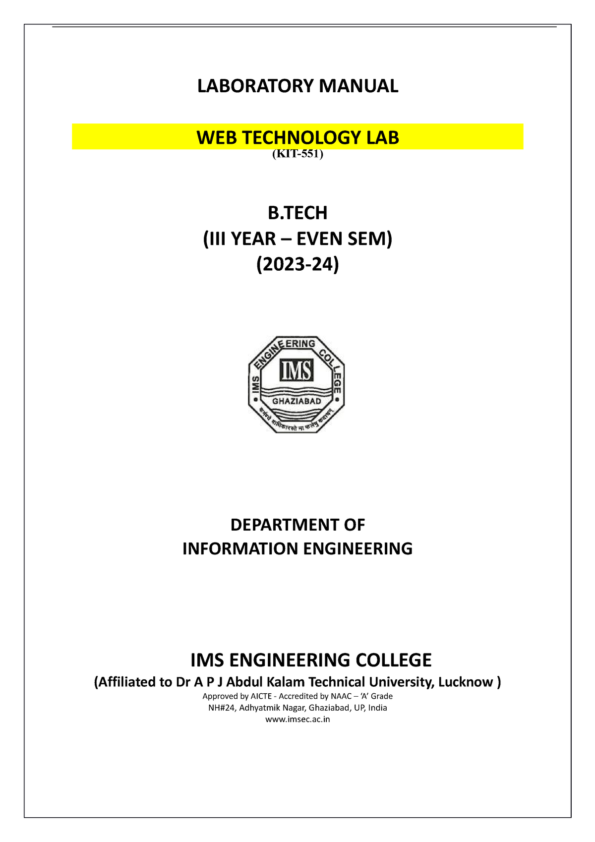 LAB Manual KIT551 - LABORATORY MANUAL WEB TECHNOLOGY LAB (KIT-551) B ...