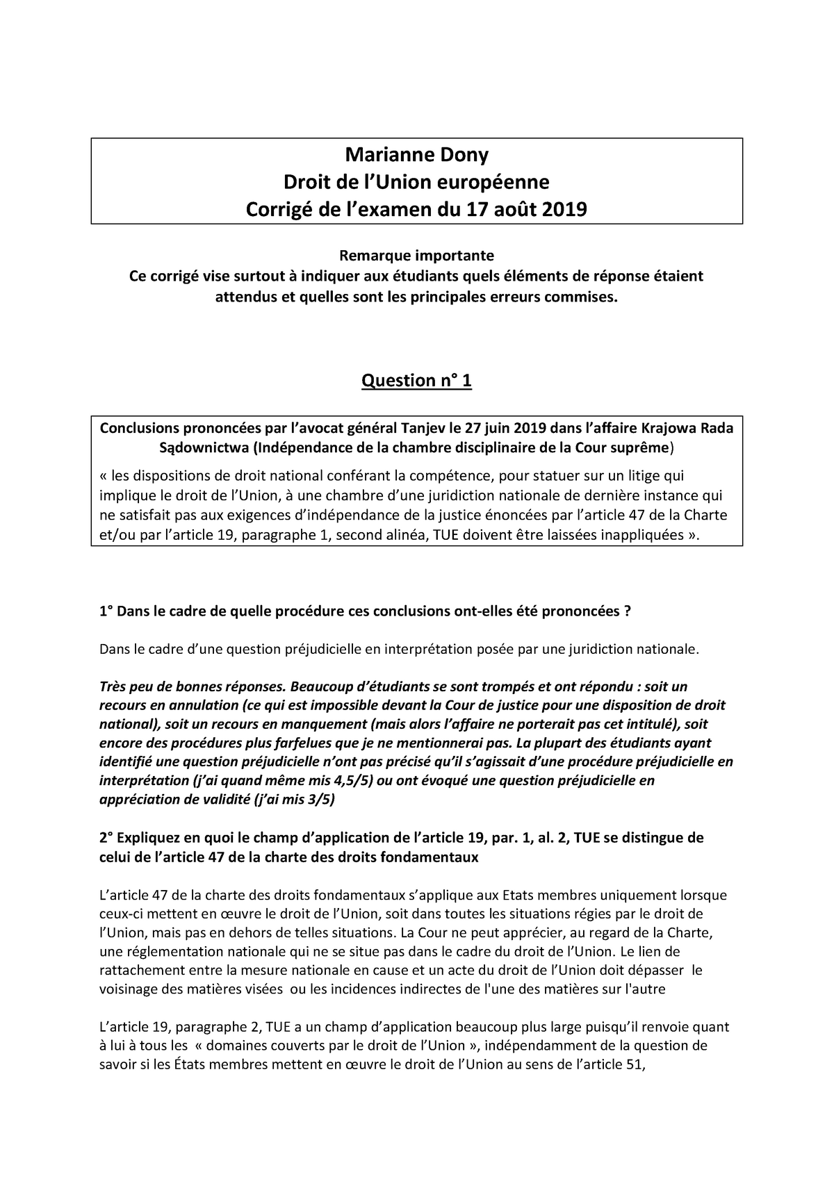Examen 17 Août 2019, questions et réponses - Marianne Dony Droit de l ...