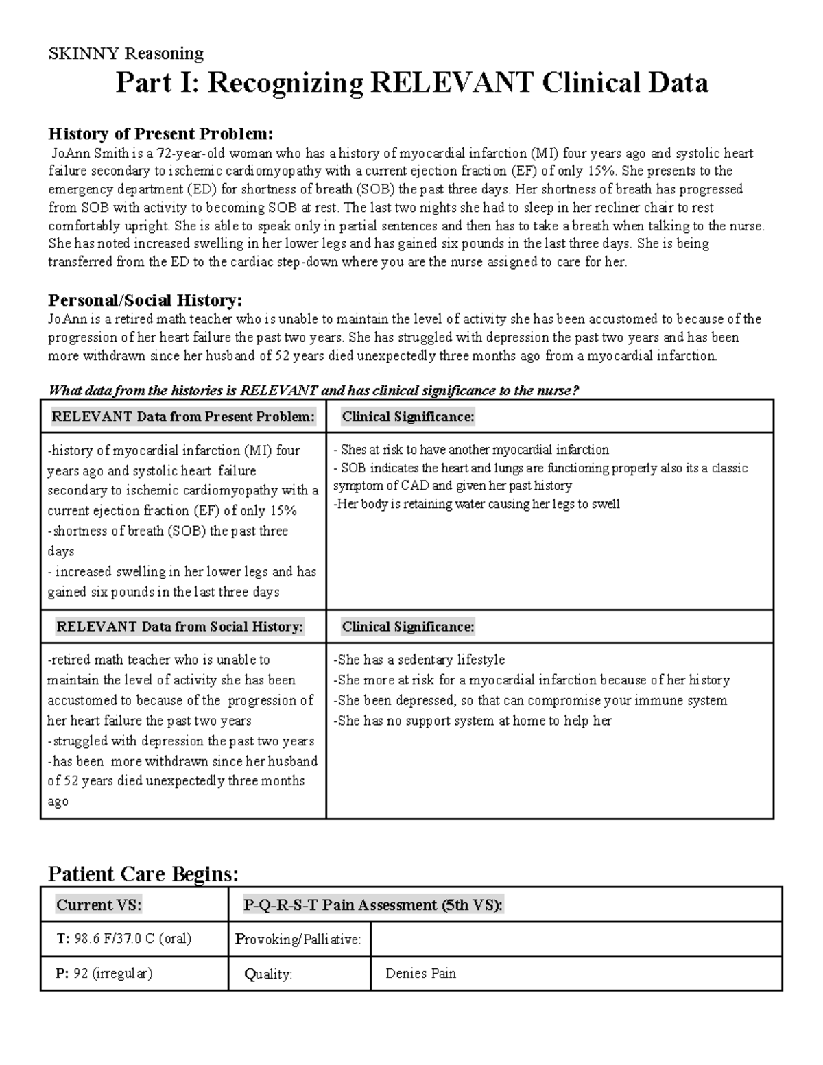 Nursing CF CASE Study Completed - SKINNY Reasoning Part I: Recognizing ...