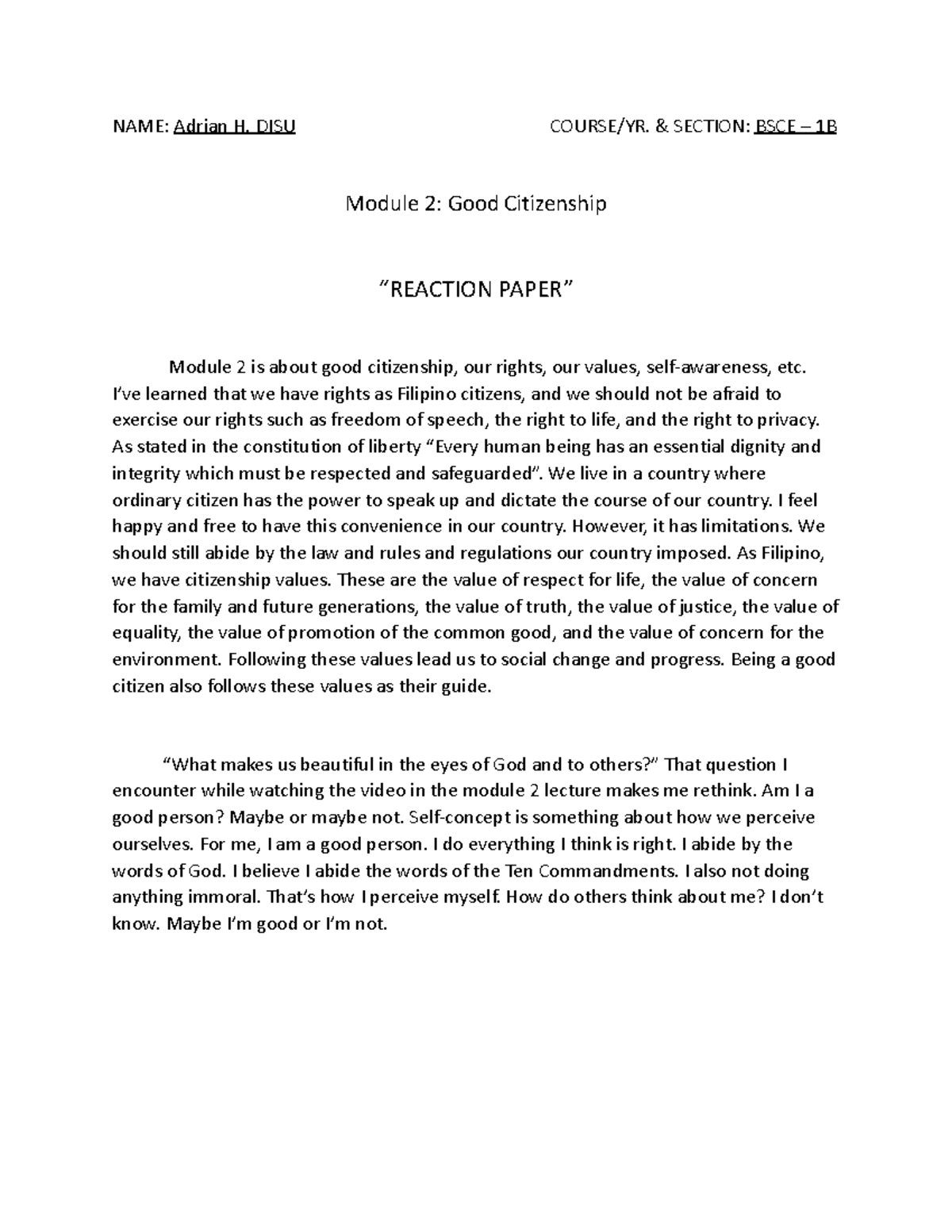 Module 2 Good Citizenship Reaction Paper NAME Adrian H. DISU COURSE