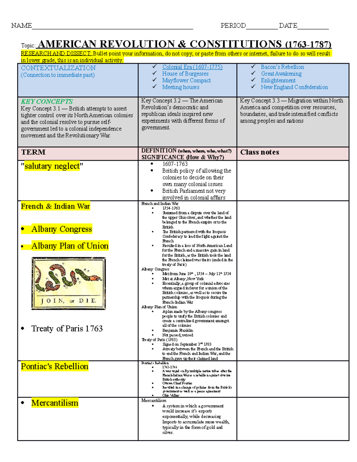 Revolution Vocabulary/Lesson Notes - NAME