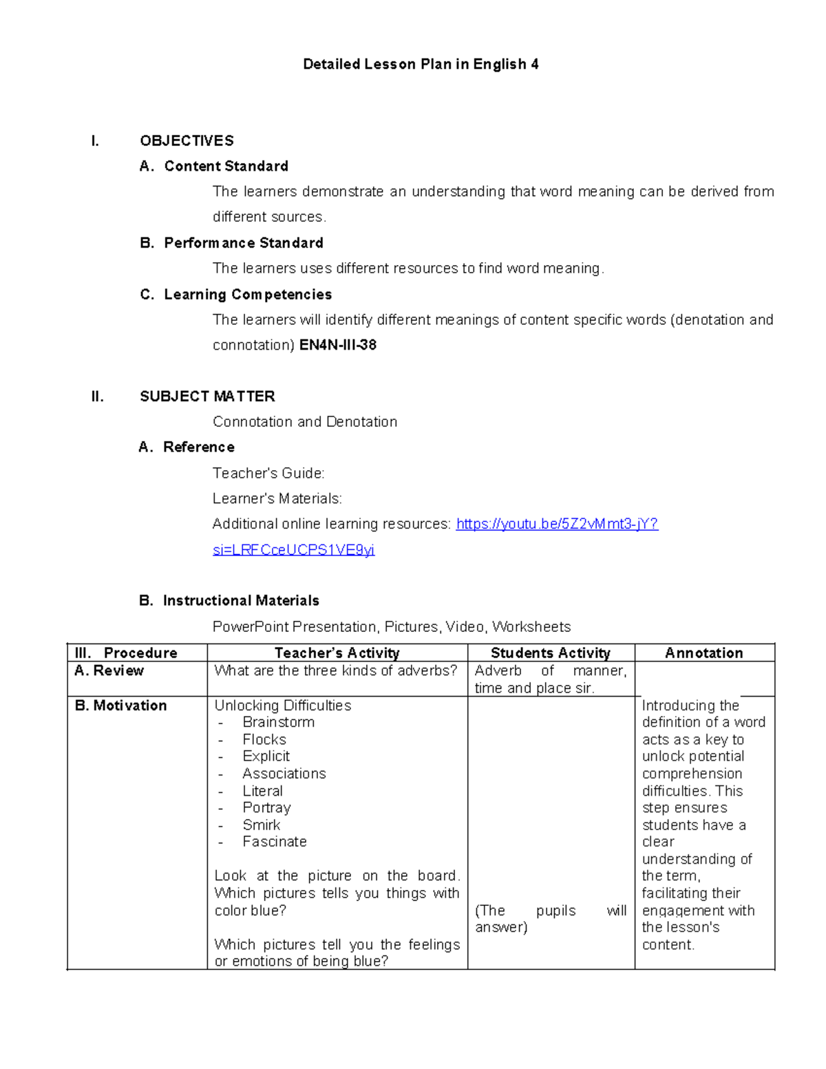 English 4Connotation And Denotation - Detailed Lesson Plan in English 4 ...