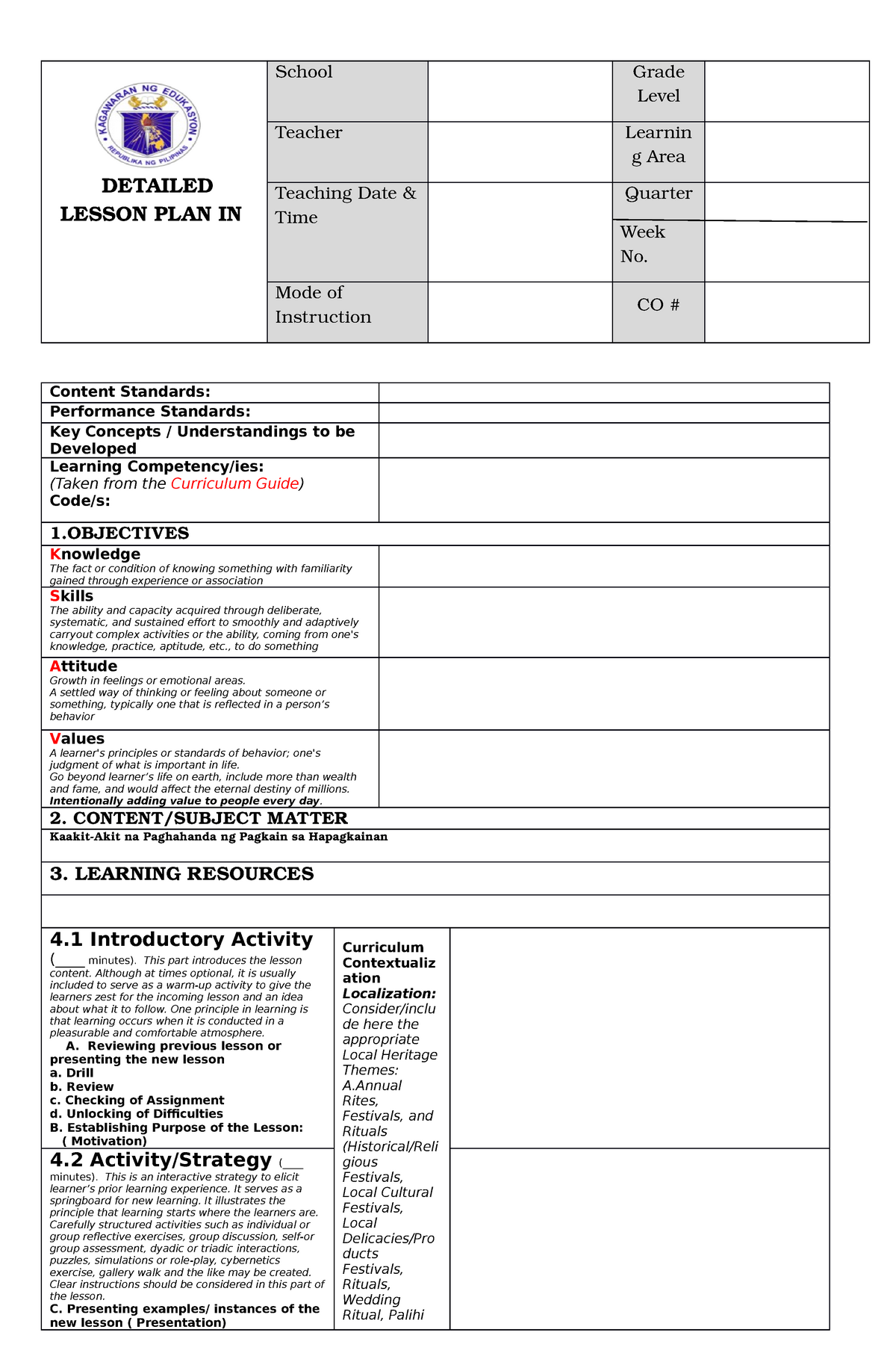 Format Of Detailed Lesson Plan Deped - Design Talk